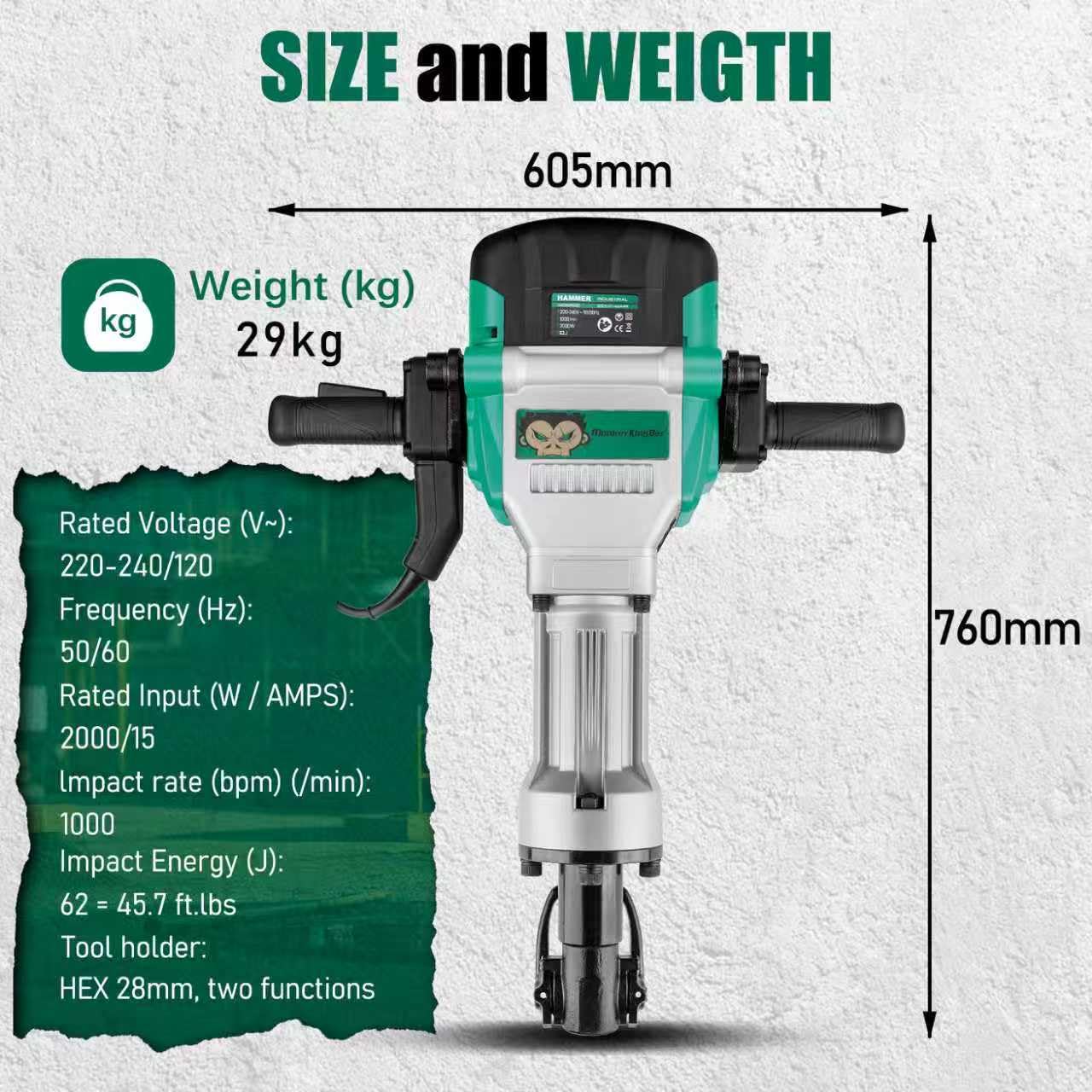 MonkeyKingBar- 1-1/8 Breaker Hammer Deluxe Kit- 78J Advanced AVT Breaker Hammer with 2-Piece Chisel, 78lb