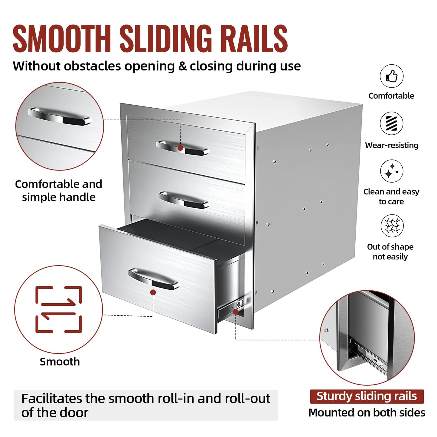 Migoda Outdoor Kitchen Drawers Stainless Steel, BBQ Drawer Inserts for Built-in Patio Grill Station, Triple Drawer, 16''W x 21''H x 23''D