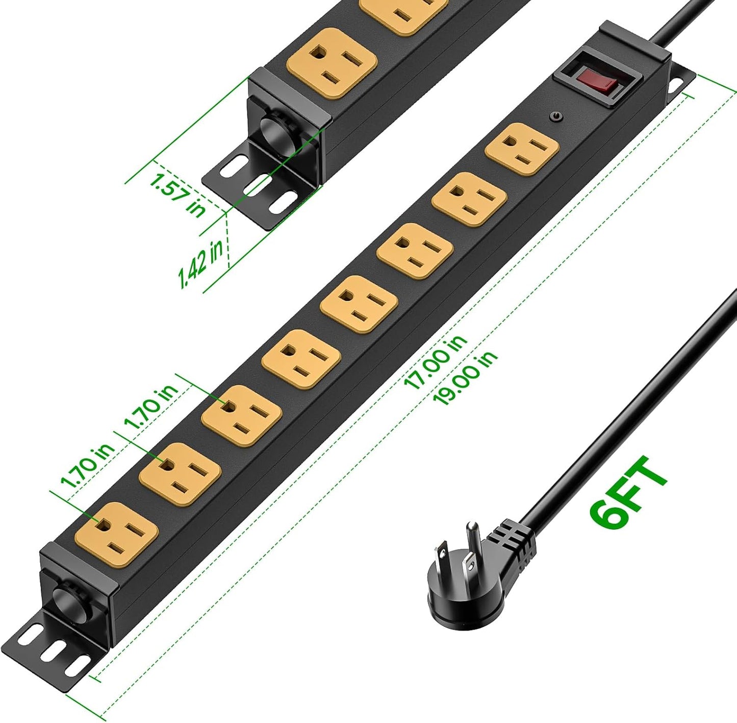 CRST 8 360 2100 15Amp/1875W 6FT 14AWG Outlet Heavy Duty Rotating Mountable Power Strip, Joules Surge Protector Power