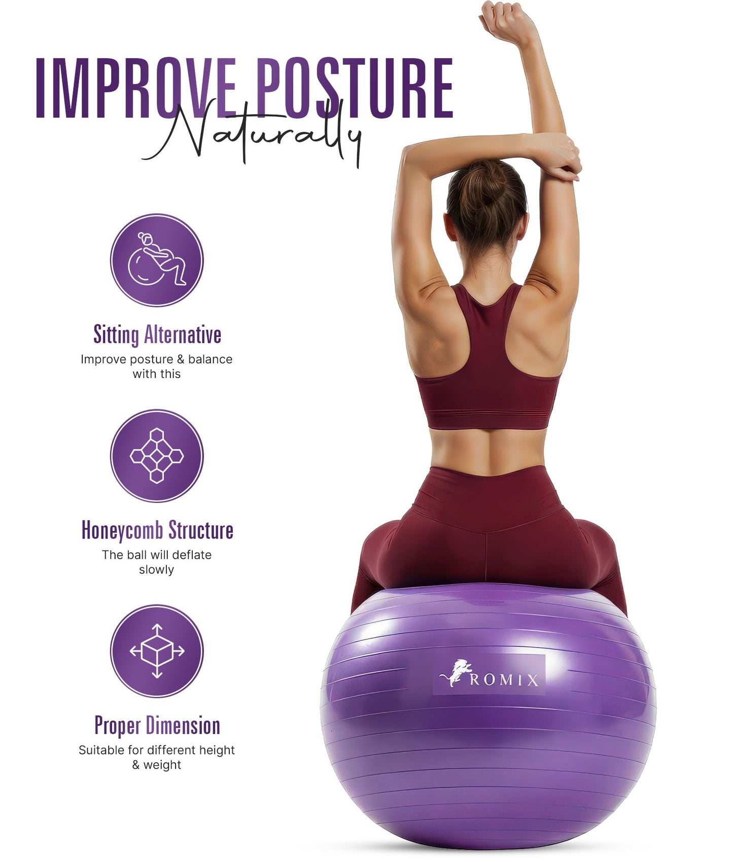 ROMIX Exercise Ball for Yoga, Pilates and Fitness, Anti-Burst Yoga Ball for Pregnancy with Pump, Anti-Slip Stability Balls for Home Gym Workout, Extra Thick Exercise Balls Physical Therapy, 3 Sizes
