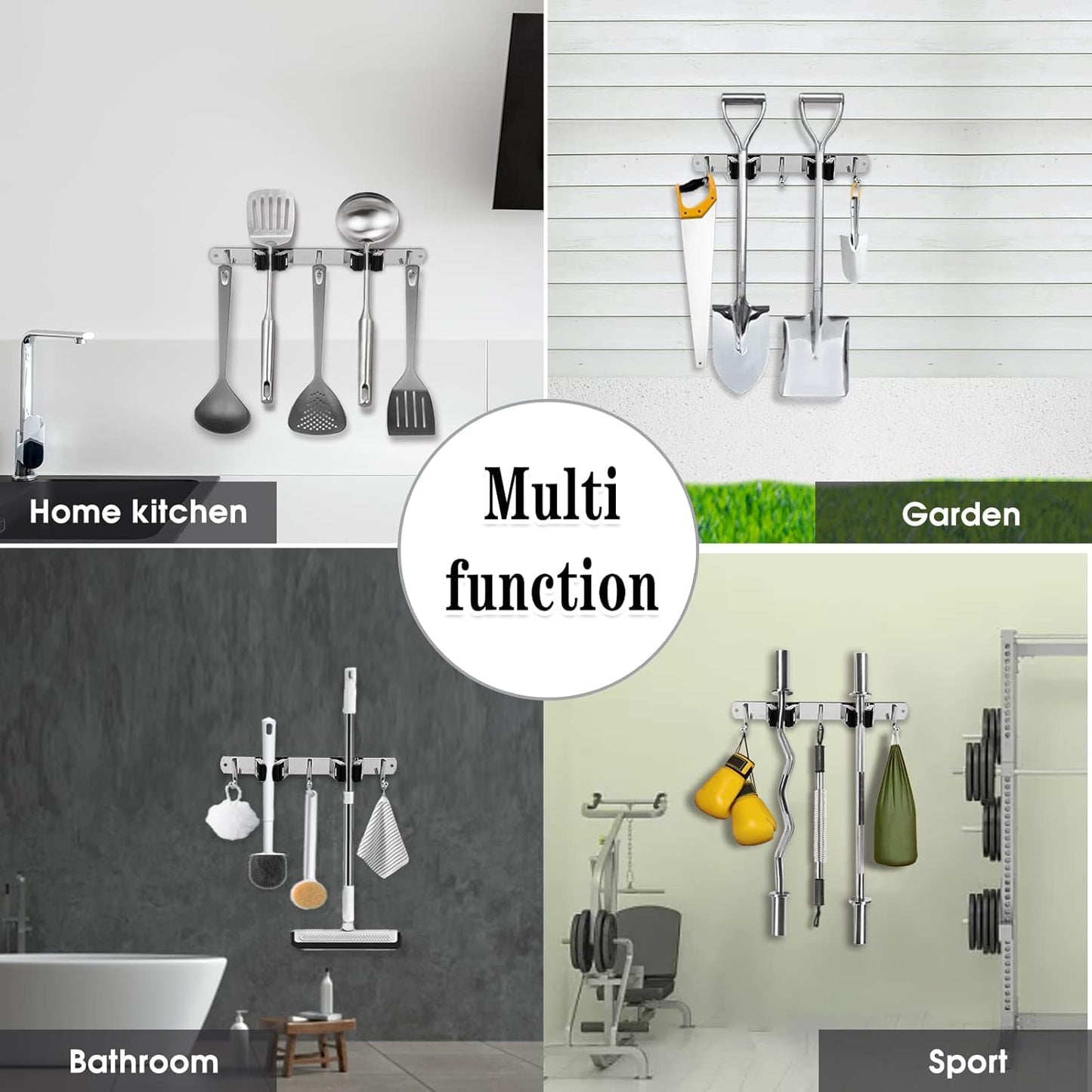 Skiennix Wall-Mounted Broom and Mop Holder - Heavy-Duty Stainless Steel Organizer with 2 Racks & 3 Hooks
