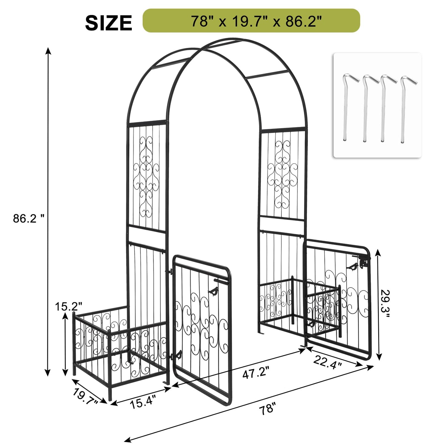 ELOMBR 7.2FT Metal Garden Arch Trellis, Heavy Duty Metal Garden Arbor with Door&Planting Frame for Climbing Plants Outdoor, Double-Layered Trellis Arch for Wedding Ceremony Party, Black, 16mm