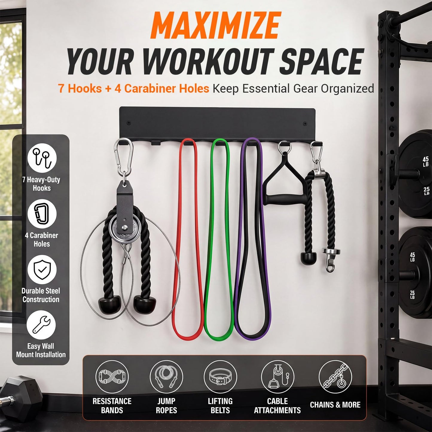 Chumia Gym Rack Organizer Wall Mounted Heavy Duty Fitness Equipment Storage Rack for Resistance Bands, Jump Ropes, Lifting Belts, Barbell, Space Saving Garage Home Gym Exercise Accessories Hanger
