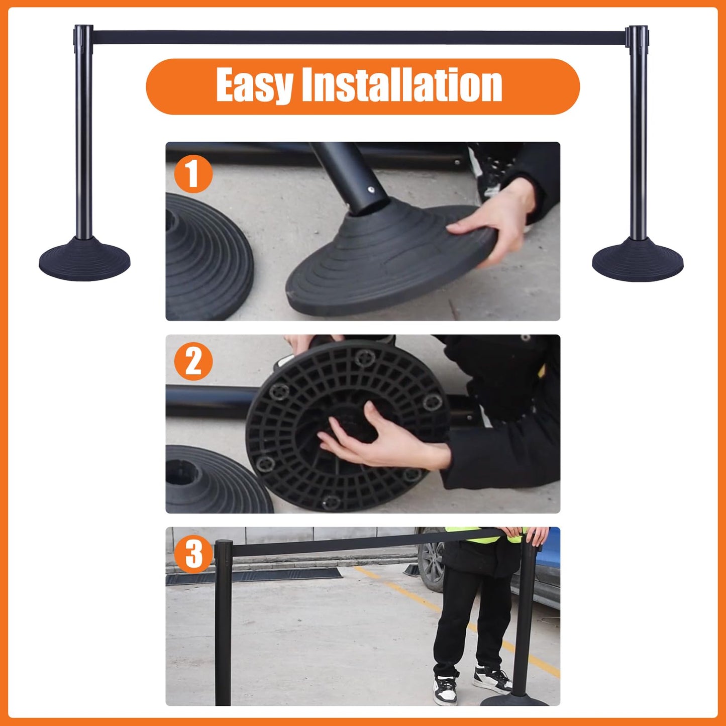 VILMON 41" Black Crowd Control Stanchion Set, Stable Heavy-Duty Rubber Base with 10 Feet Retractable Belt Crowd Control Barriers, Retractable stanchions for Outdoor Safety (6 Pack)