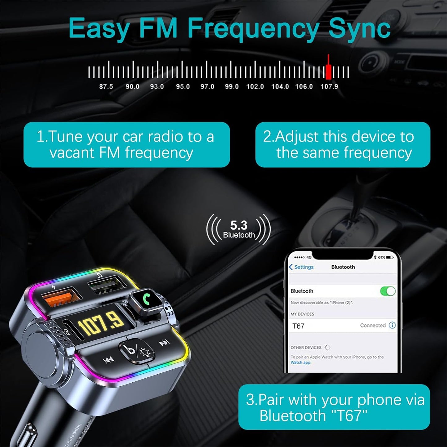 skybess PD30W QC3.0 5.3 FM Transmitter for Car Bluetooth, Upgraded USB C & USB Charger Bluetooth Radio Adapter