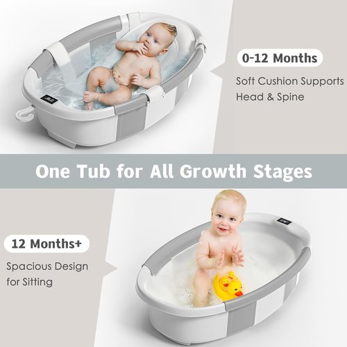 Himold Collapsible Baby Bathtub - Spacious Foldable Infant Bath Tub with Thermometer | Grey, 0-36 Months
