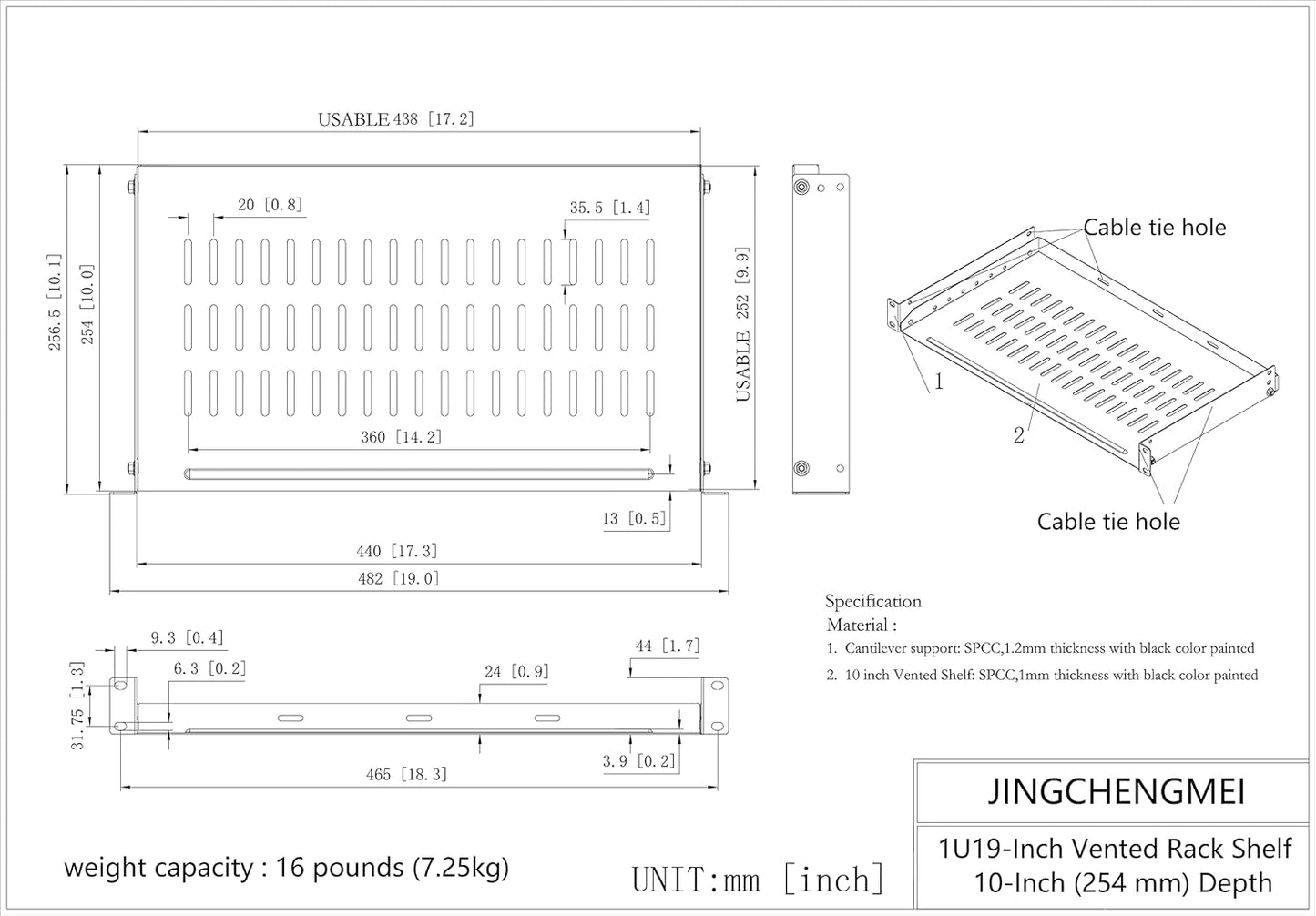 JINGCHENGMEI 1U 10 inches 19 Inches Vented Server Rack Shelf Disassembled Deep Universal Rack Tray No Lip for Network