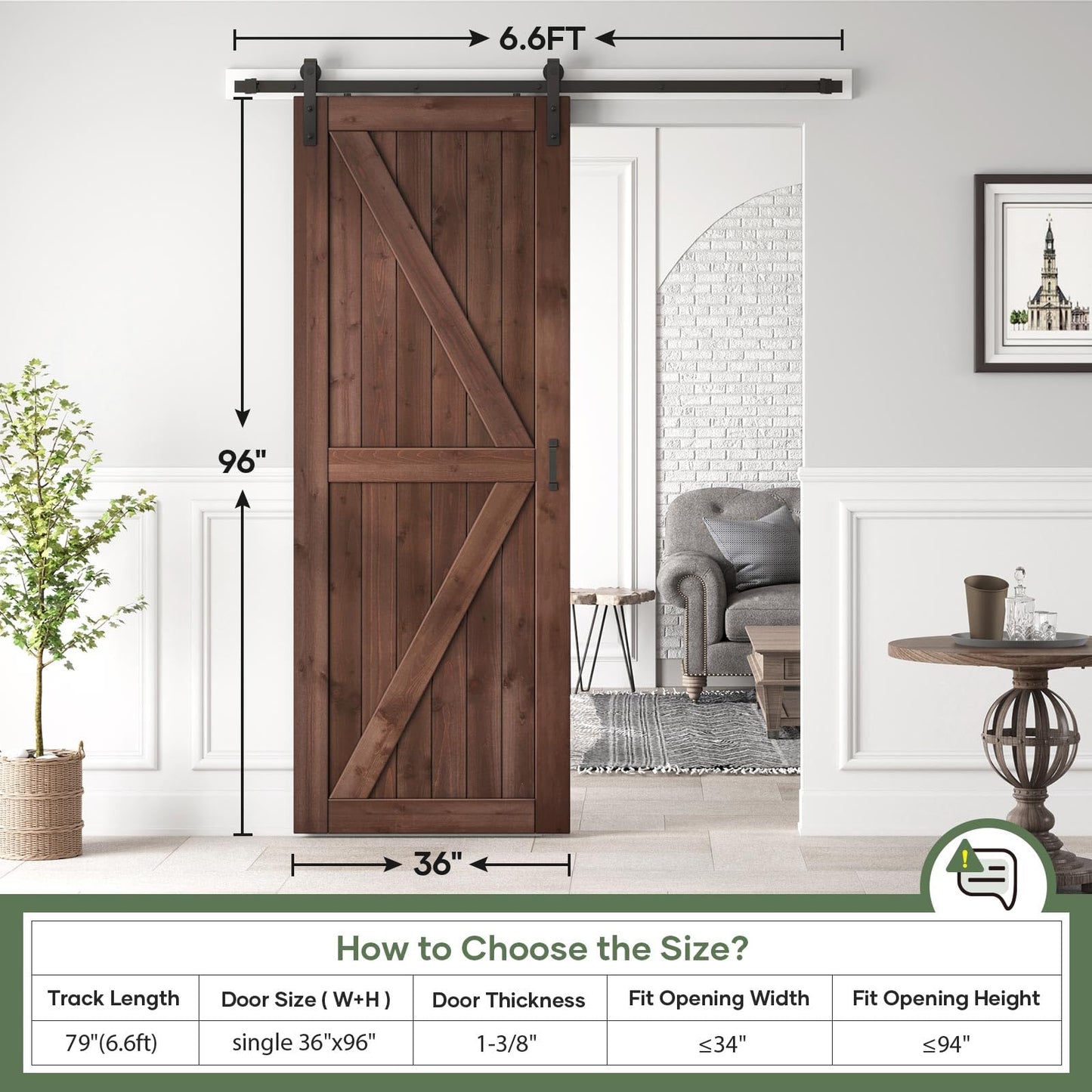 ROYMELO 36x96 inch Sliding Barn Wood Door Slab with 6.6ft Hardware Kit and Handle, Coffee, K Shape, Simple DIY Assembly