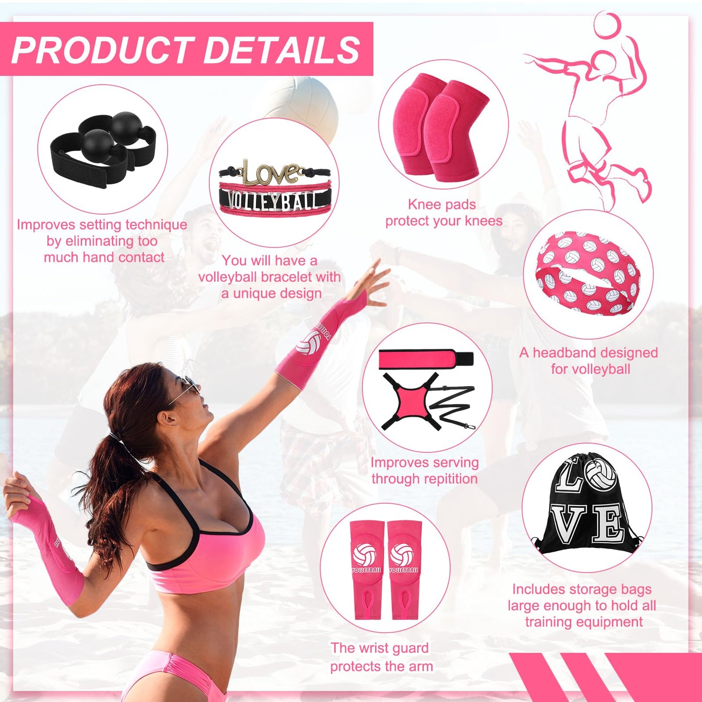 Honoson 7 Pcs Volleyball Training Equipment Aid Volleyball Serving Trainer Kit Gifts for Beginners (Pink,Girls)