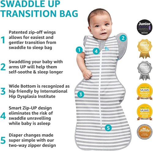 Love to Dream Swaddle UP Transition Bag Warm 2.5 TOG, Pink Silly Goose, Medium 8-13lbs, Patented Zip-Off Wings, Gently Help Baby Safely Transition from Being Swaddled to Arms Free Before Rolling