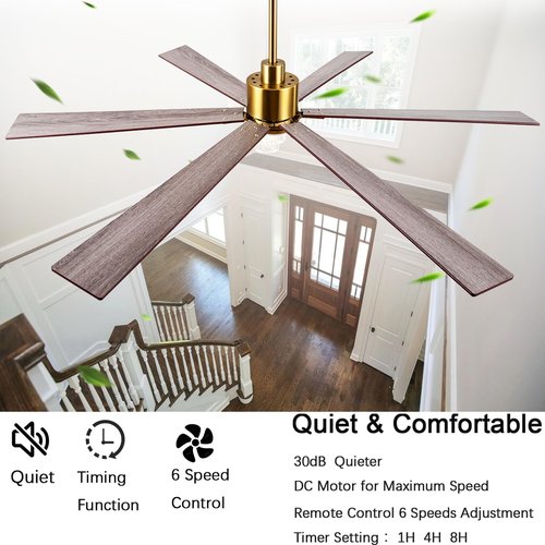 ducrew 72-Inch Ceiling Fan with Light and Remote Control, 6-Blade Wooden Fan for Large Rooms, Matte Gold Finish, Silent Reversible Motor