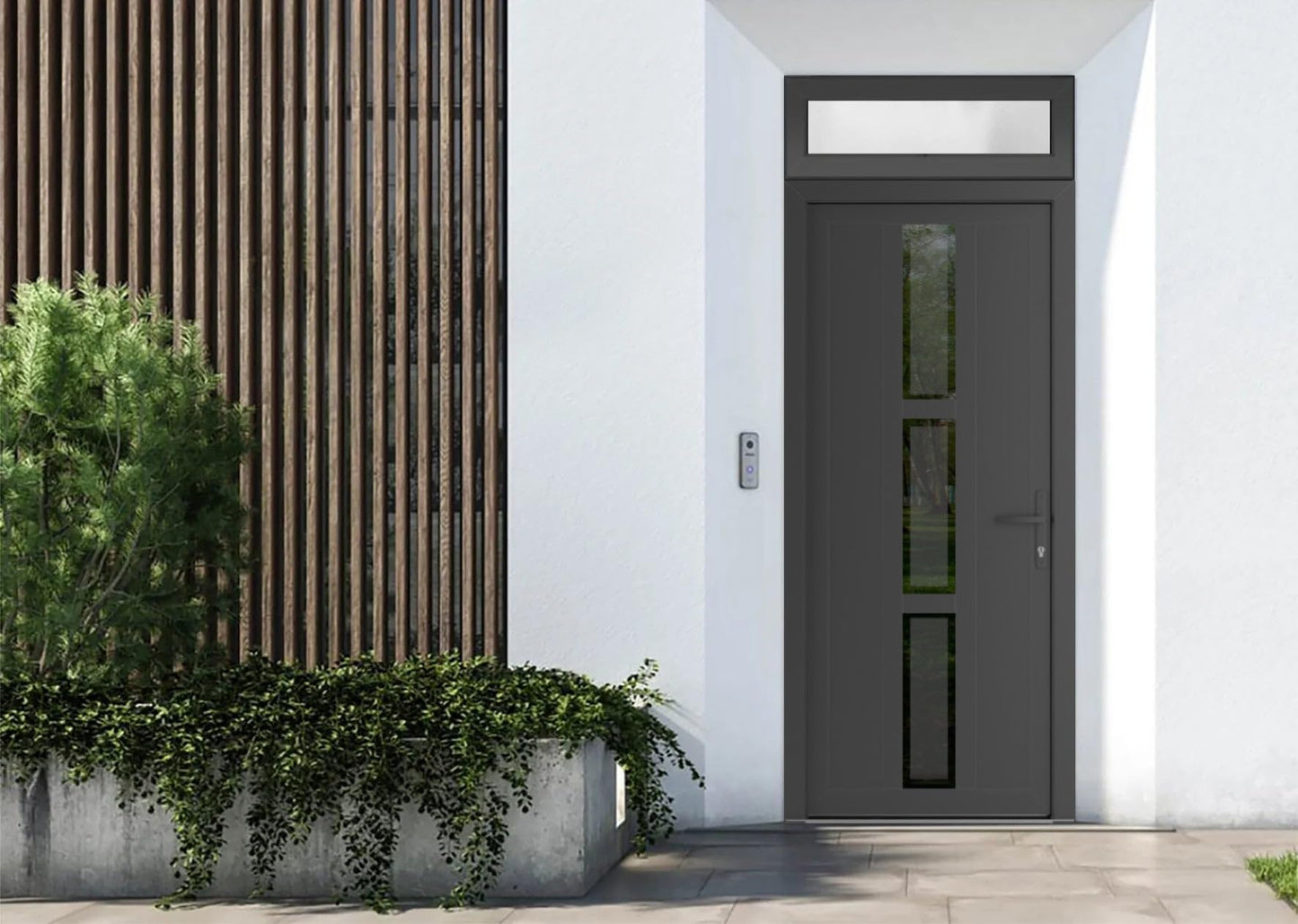 VDOMDOORS Front Exterior Prehung Metal-Plastic Door Frosted Glass | Manux 8112 Antracite Grey | Top Sidelite Transom | Residential Doors Entrance Patio Garage 36 x 94 (W36 x H80+14) Left-Inswing