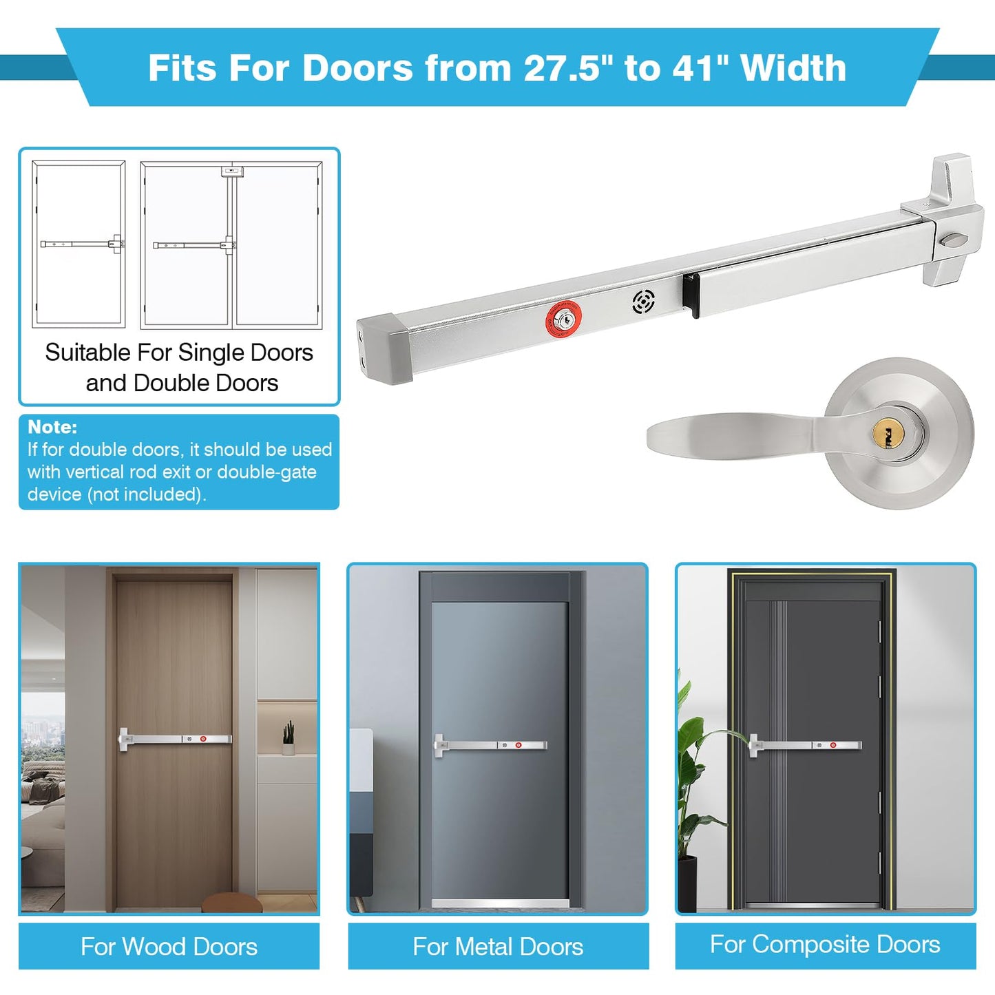 IRONWALLS 2 Packs Commercial Door Push Bar Panic Exit Device With Alarm, 27.5" Stainless Steel for Exit Doors, Emergency Hardware With Exterior Handle, Fit for 27"-41" Doors