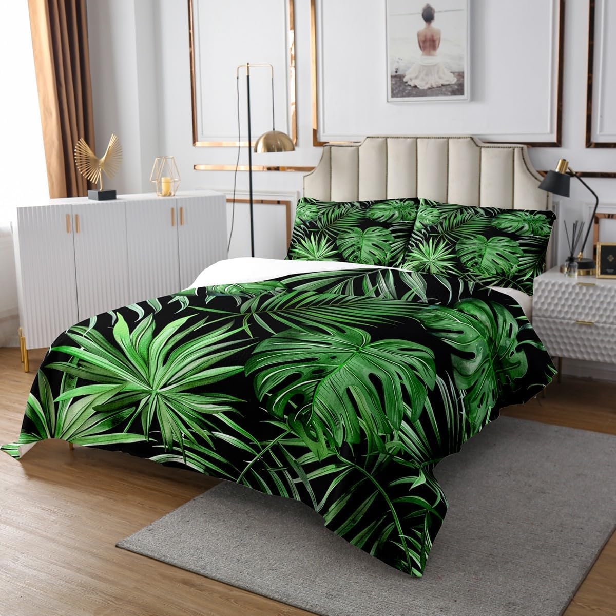 3 Piece Green Palm Leaves Quilt Bedding Set Women Aldult Lightweight Bedding Summer Tropical Bedspread Set Rainforest Bedspread Coverlet Soft Microfiber Home Quilt Set for King Bed All Season