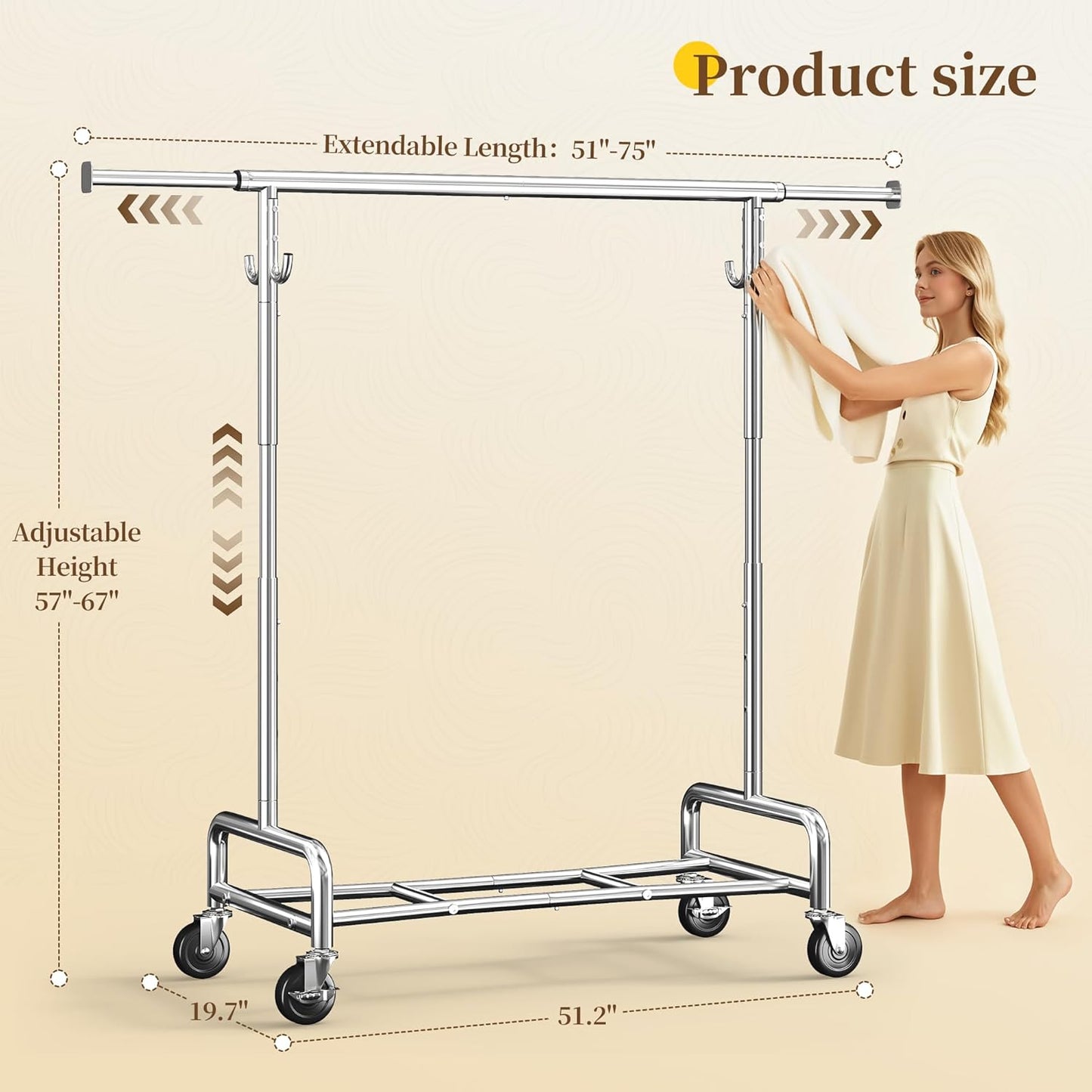 Raybee Heavy Duty Clothes Rack - 75" Extra Wide, 450 LBS Capacity, Lockable Wheels & 4 Hooks