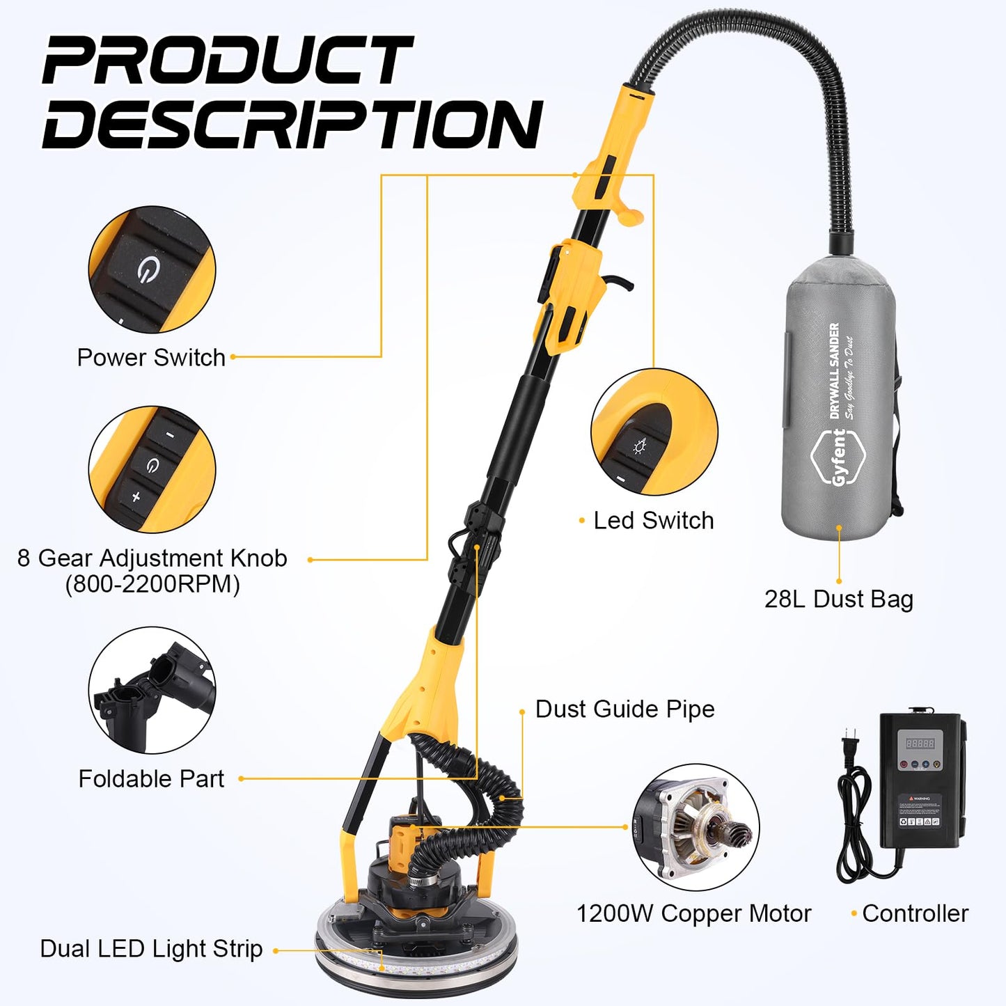 Gyfent Brushless Drywall Sander, 1200W 10-Amp Popcorn Ceiling Removal Tool with 800-2200RPM 8 Variable Speed 12pcs Sanding Discs Drywall Sander with Vacuum Dust Collector LED Light for Ceiling Sanding