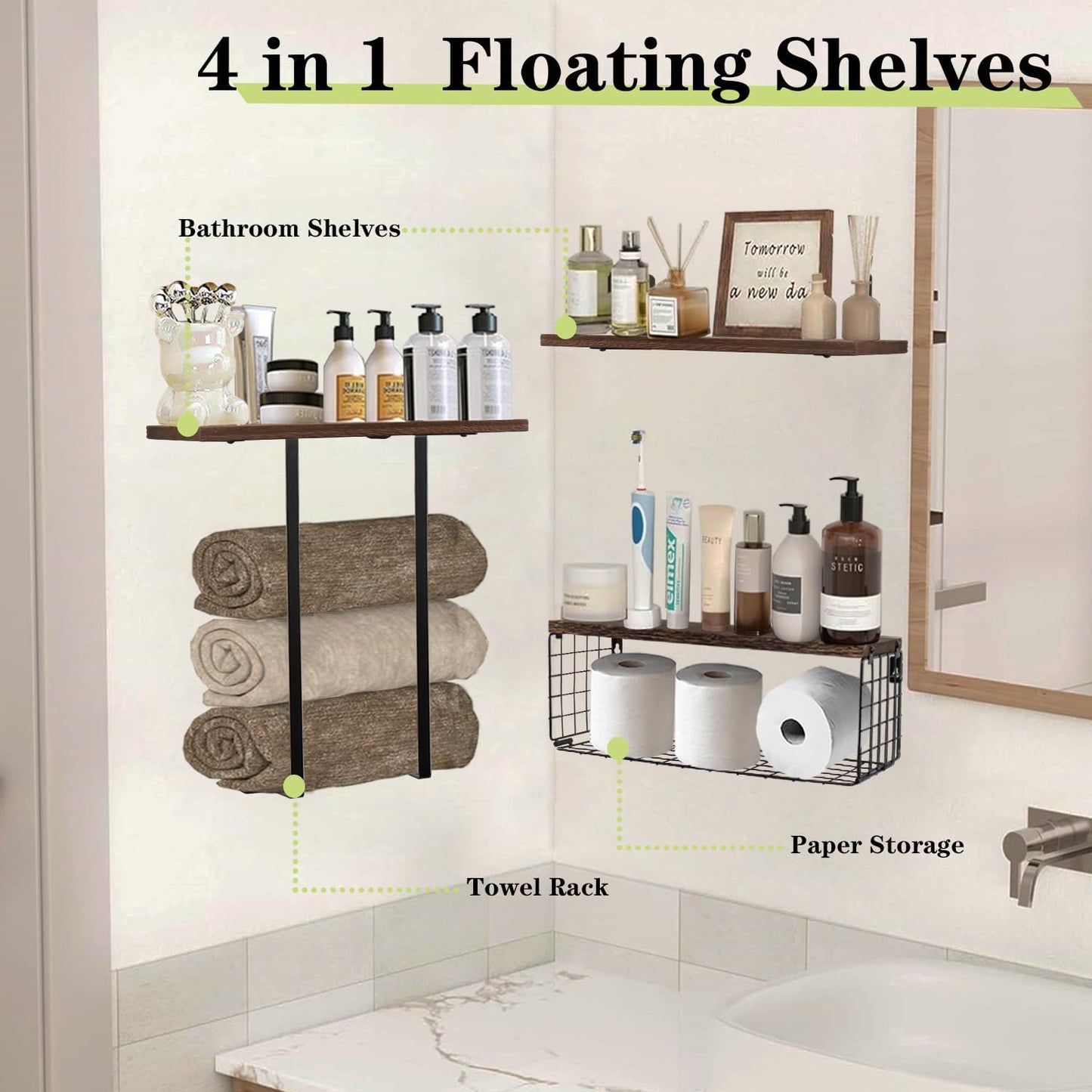 Regine Switzerland Floating Shelves - Wall Mounted Bathroom Organizer with Storage Basket & Towel Rack | Dark Brown, Set of 4, 16 in
