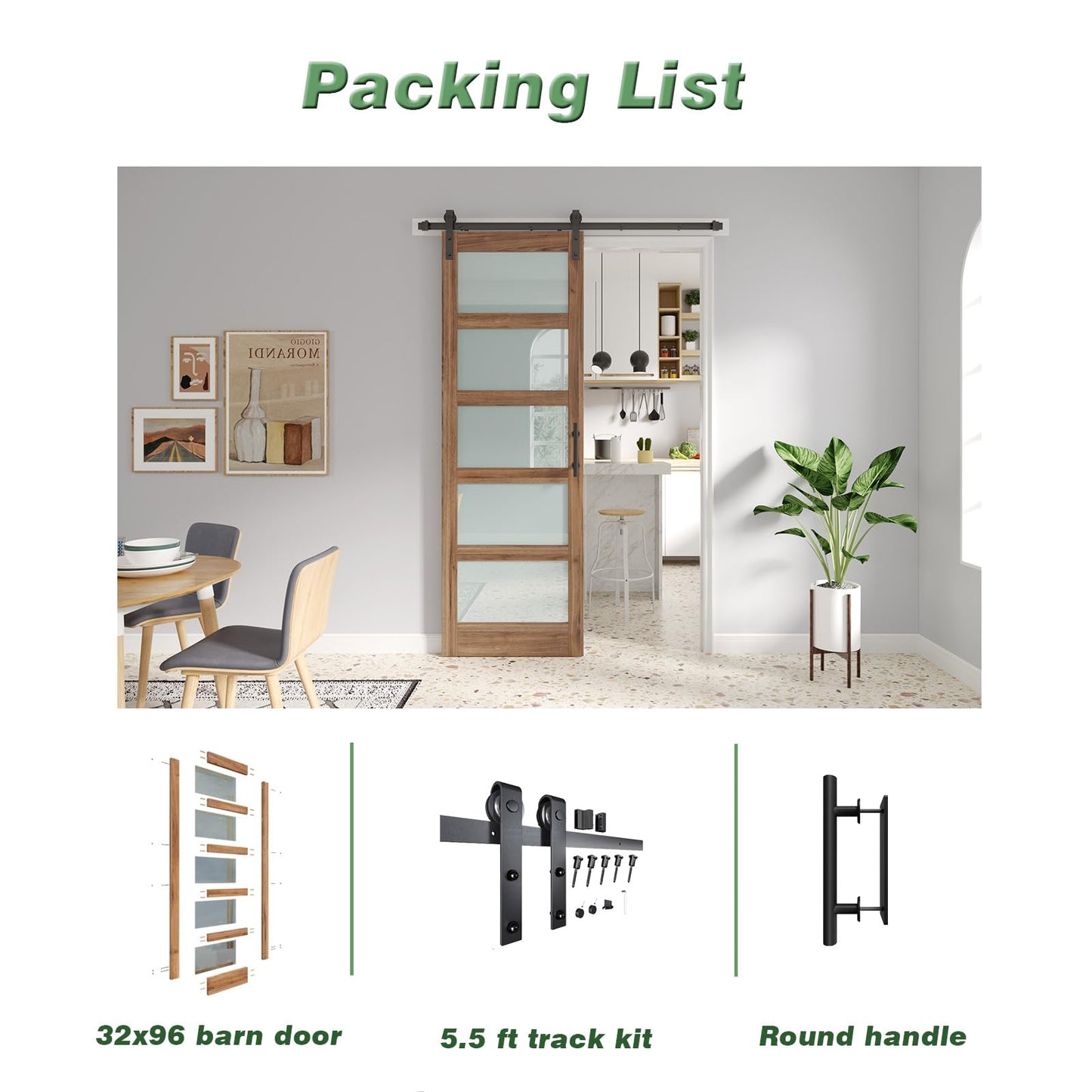 FREDBECK 32 x 96 inch Glass Barn Door with 5.5FT Barn Door Hardware Kit & Handle Included,5-Panel Frosted Glass,Water-Proof Surface,Pre-Drilled Holes,Need Assembly