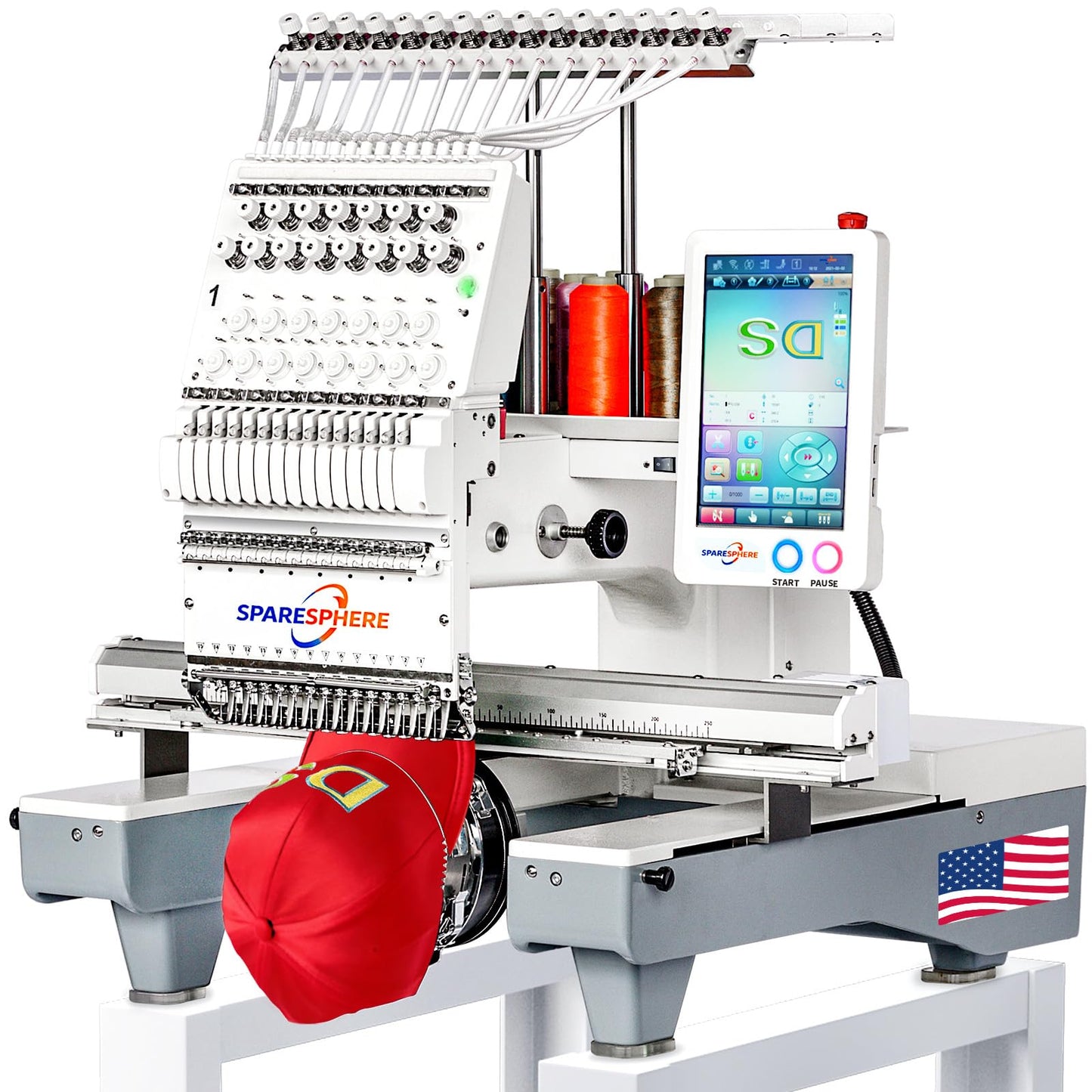 SpareSphere SS-1501 Commercial 15 Needles Embroidery Machine with Touch Screen, 14"x20" Embroidery Area, 1200SPM Max Speed, Wifi Available, Embroidering for 3D Caps, Flat, T-Shirts, Bags and more.