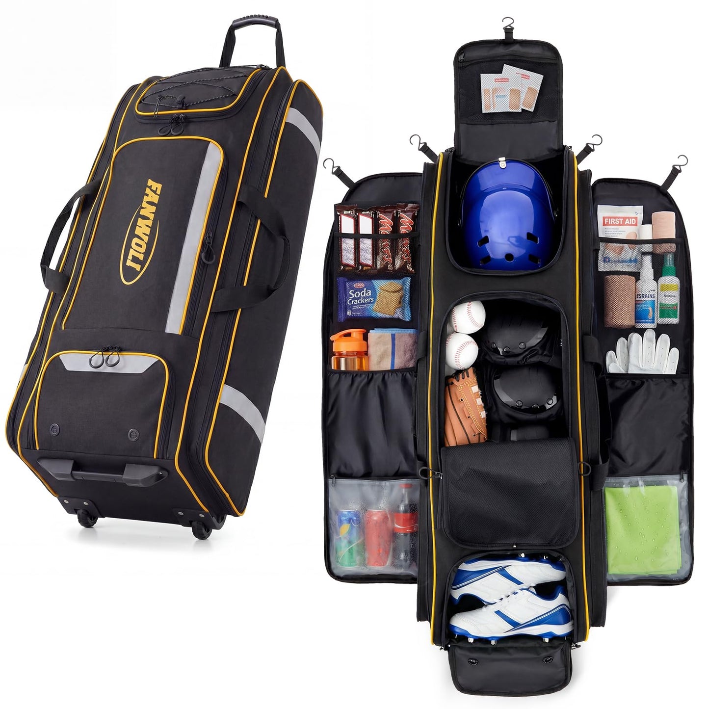 Fanwoli 100L Rolling Catchers Gear Bag - Large Baseball & Softball Duffle with 5 Fence Hooks, Locker-Style Organizer, Holds 8 Bats, Vented Shoe Zone - Essential Pro Edition (Black)