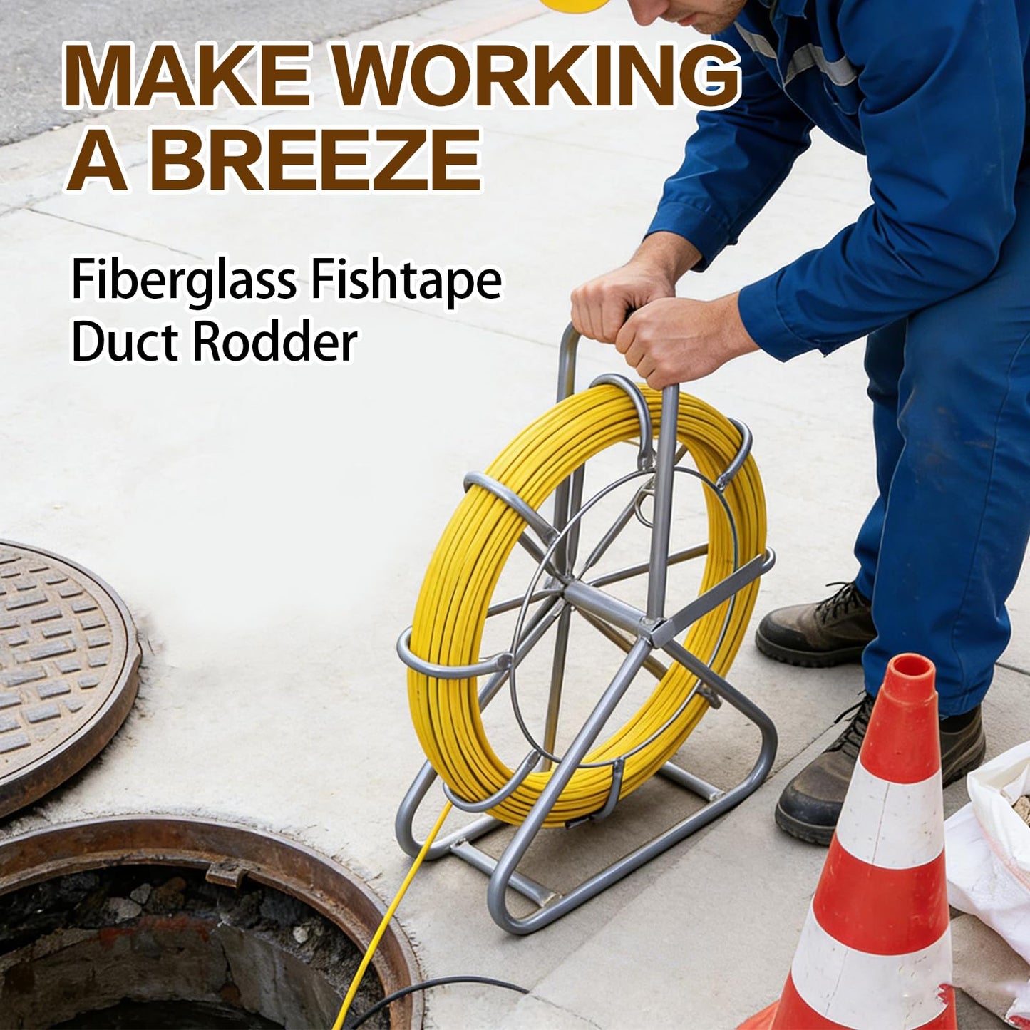 Fish Tape Fiberglass 6MM 425FT,Electrical Fish Tape Cable Running Rod with Steel Reel Stand, Fishing Tools for Walls & Electrical Conduit