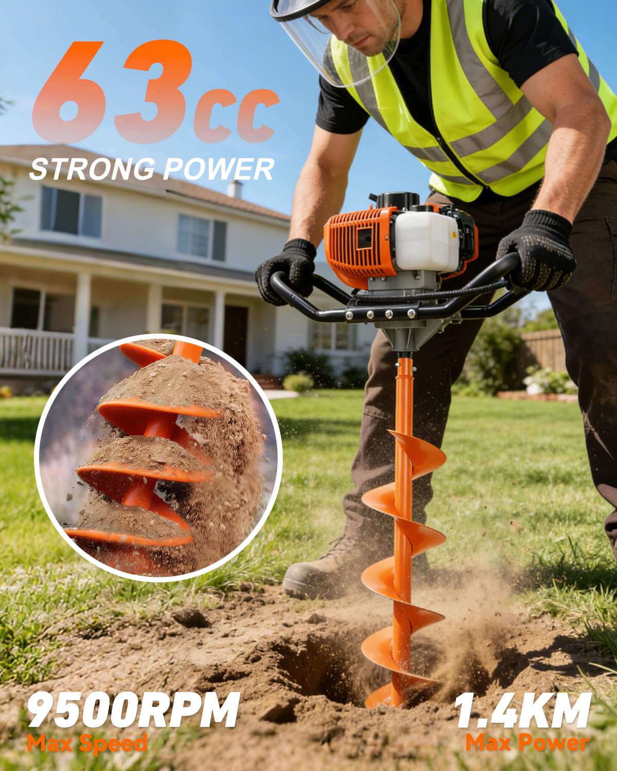 NEO-TEC 63CC Post Hole Digger Auger Drill Gas Powered 2-Stroke & 8" Drill Bits + 1 Extension Bar, Earth Auger Petrol Drill Borer for Garden Lawn Auger Drill Bit for Planting