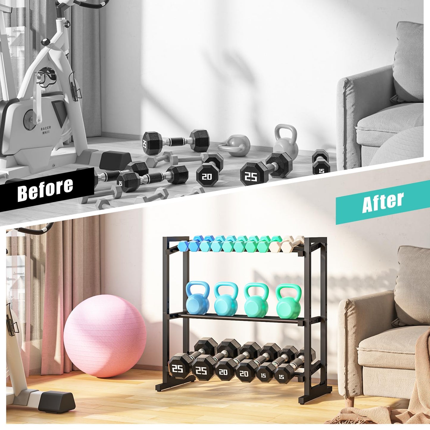 Kificet 3 Tier Adjustable Dumbbell Rack, 33.6-Inch Weight Rack for Home Gym, Extended Base kettlebell holder for Home Gym, Space-Saving Dumbbell Stand - 900LBS Capacity (Rack Only)