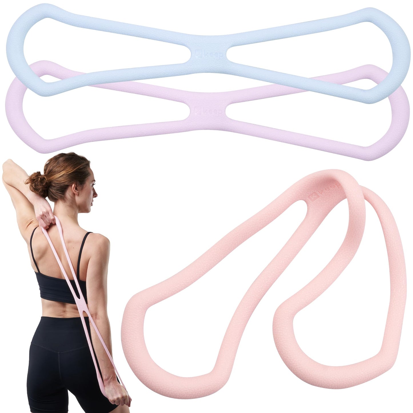 Keep 3-Pack Figure 8 Resistance Bands - 15 lbs Stretch Exercise Cords for Arm Toning, Yoga & Pilates - Durable Non-Slip Fitness Bands Set for Women & Men (15 lbs Pink/Purple/Blue)