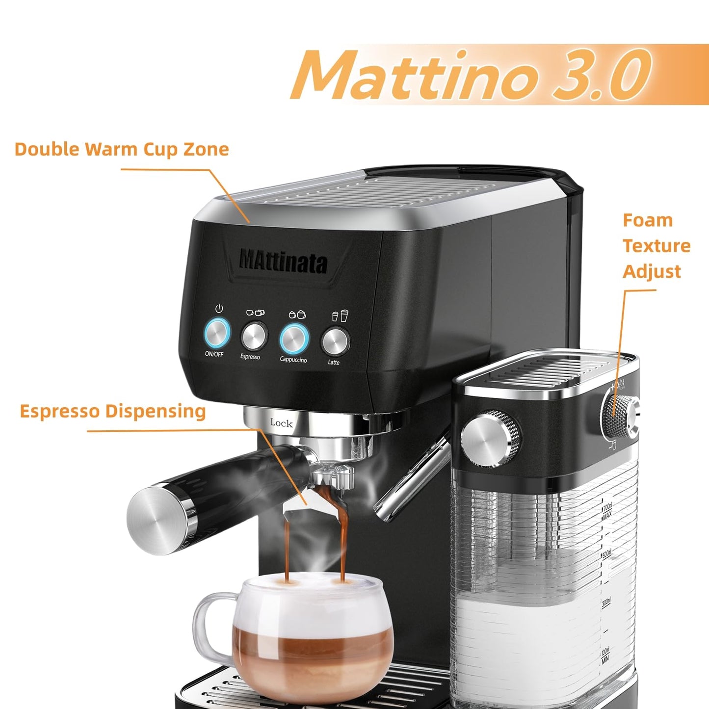 MAttinata Cappuccino Machine 20 Bar, Professional Espresso Machines for Home and Office with Automatic Milk Frothering System, Barista Compact Latte Maker for Coffee Lovers, Stainless Steel-Black