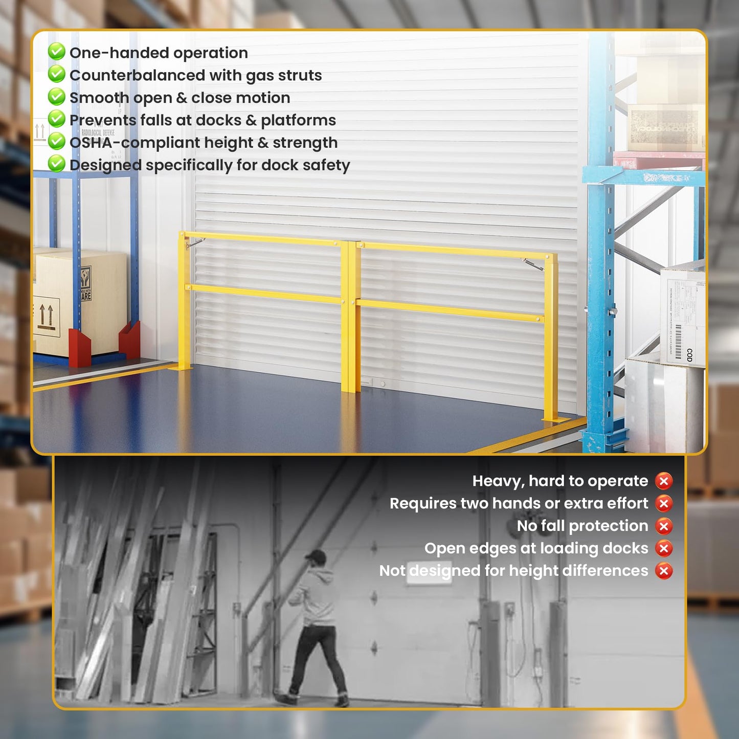 Hymula 10‘ Folding Dock Door Gate – Heavy-Duty Industrial Safety Barrier for Dock Doorways &Loading Docks & Warehouses with Gas Strut & High Visibility Yellow Finish