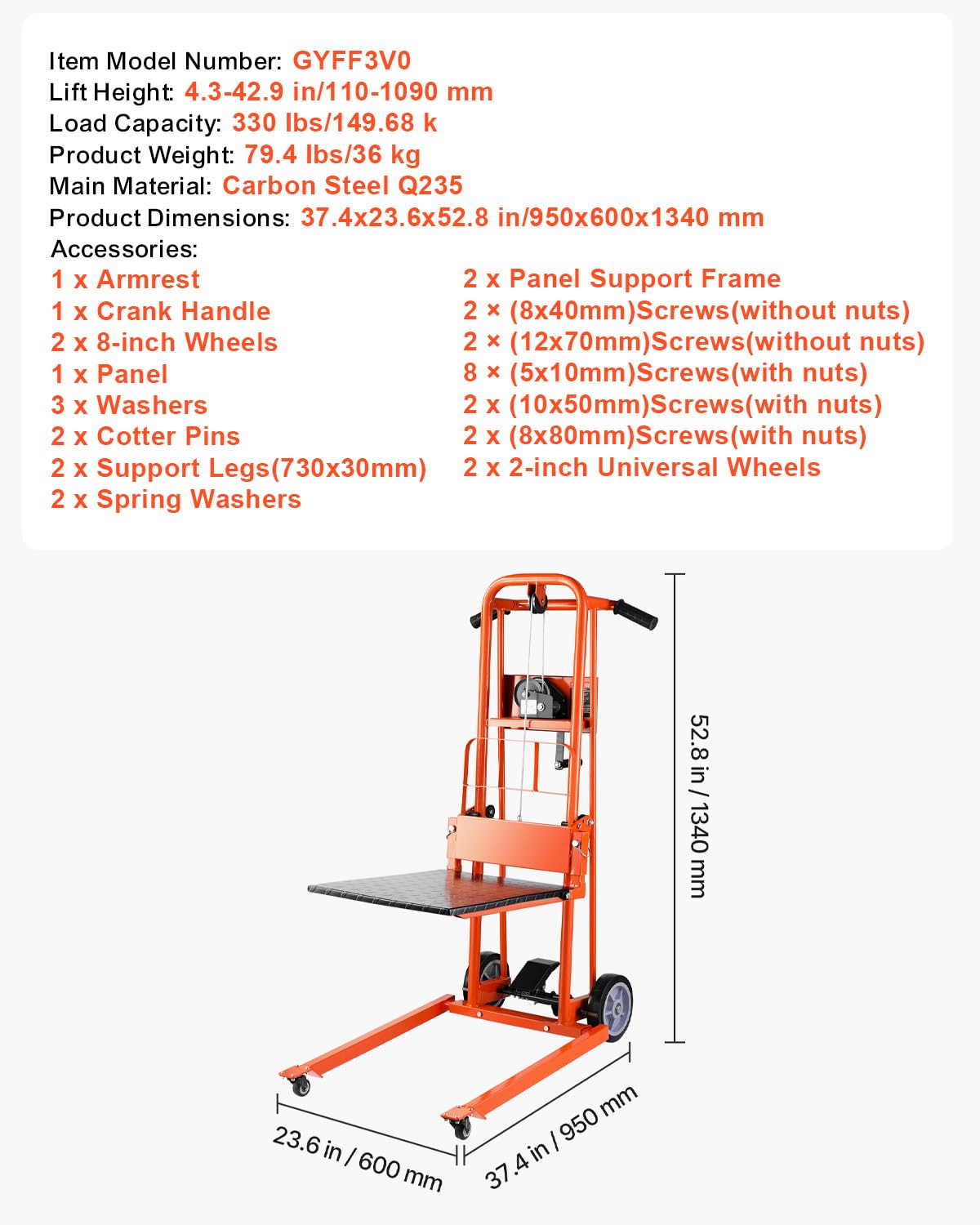 VEVOR Material Lift Winch Stacker, 330lbs Capacity Pallet Truck Dolly, 42.9in Max Lifting Height Manual Winch Stacker, Multifunctional Manual Pallet Truck Stacker with Swivel Casters and Lift Plate