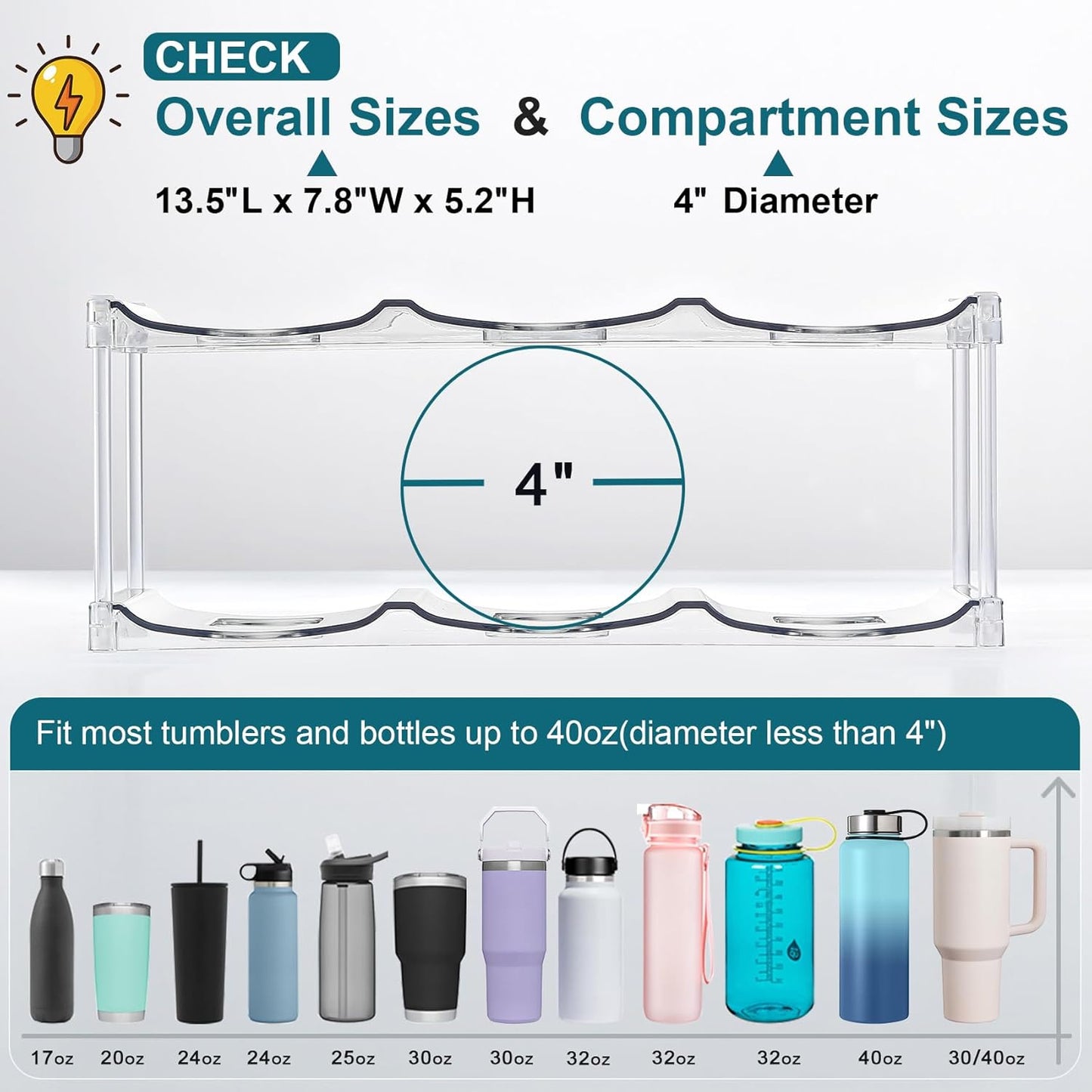 Skiennix Stackable Water Bottle Organizer - Holds 6 Large Tumblers | Clear Design for Cabinets & Counters