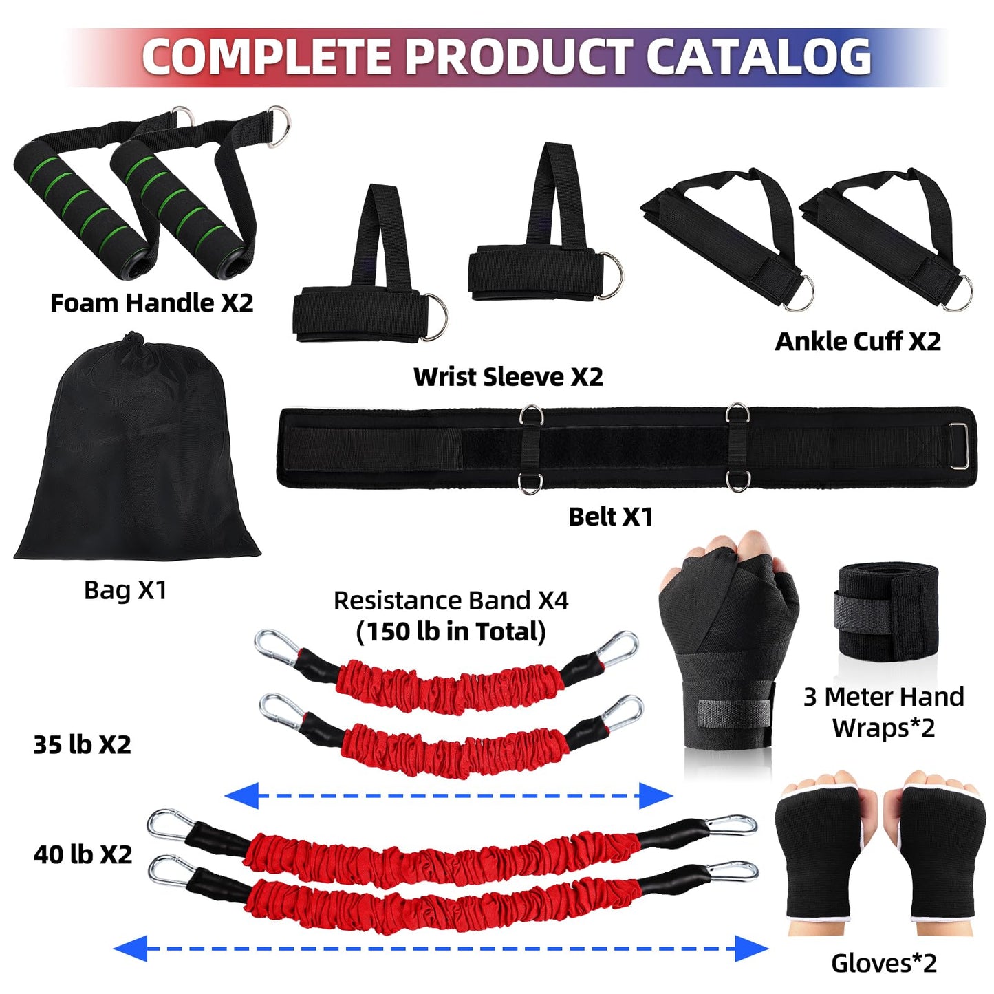 Boxing Resistance Bands Set for Boxing MMA Martial Arts Training Equipment, 150lbs Exercise Bands with Cuffs & Belt, Workout Band for Resistance Training Enhance Explosive Power/Speed/Agility