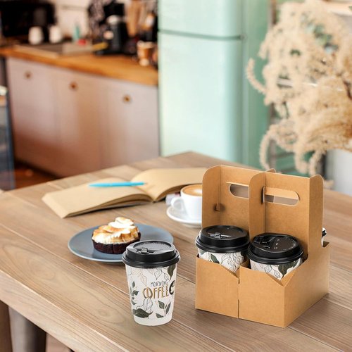 2 Cup Disposable Drink Carrier for Delivery with Handle, 10 Kraft Paperboard Cup Holder, Cup Carriers for Hot or Cold Drinks, to Go Coffee Cup Holder for Food Delivery Brown