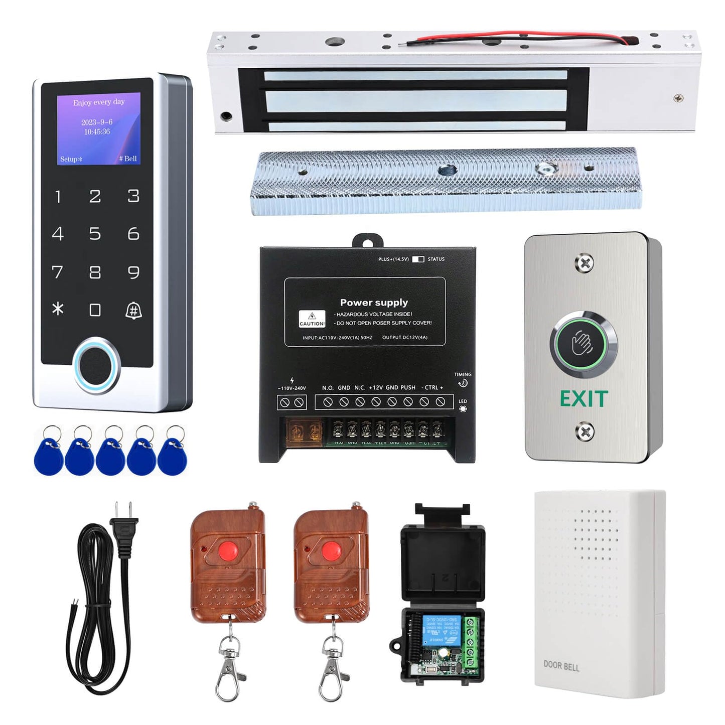 All-in-One Door Access Control System Kit, IP68 Waterproof Metal Keypad with Fingerprint RFID & PIN, 600lb Magnetic Lock, IR Exit Button, Remote Controls, Doorbell - Easy Wiring for Home & Office
