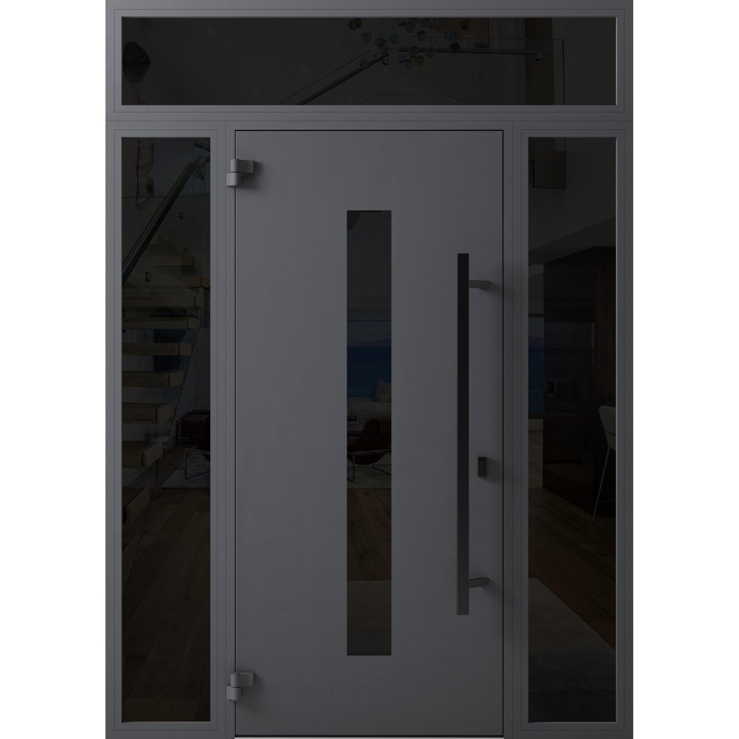 VDOMDOORS Front Exterior Prehung Steel Door/Ronex 0130 Grey / 2 Side and Top Exterior Window Sidelite/Entry Metal Modern Painted W16+36+16" x H80+16" Right Hand Inswing