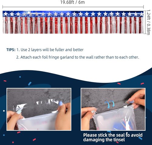 Mega-L 4th of July Decorations - 39 Feet Red, White & Blue Foil Fringe Garland & Tinsel Streamers