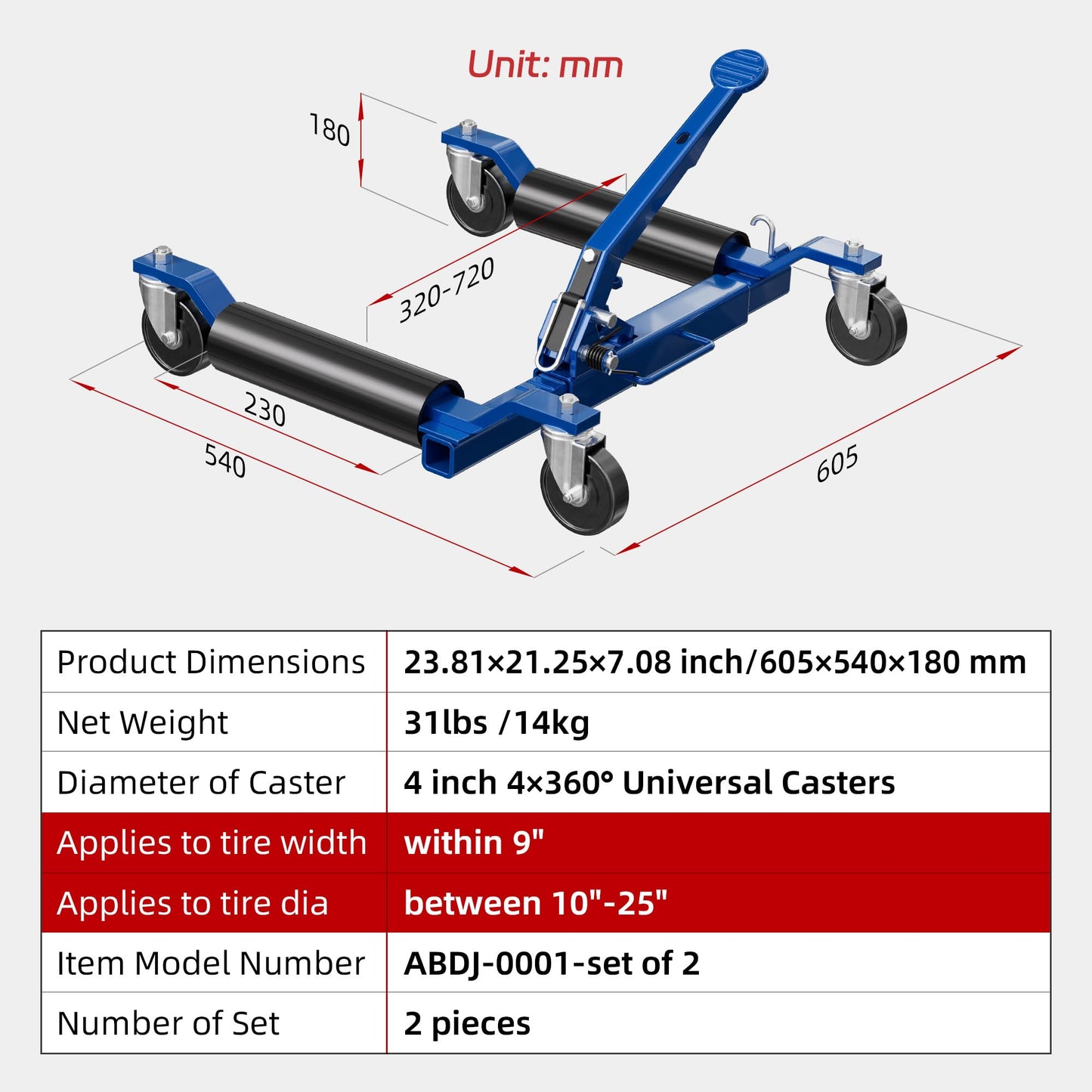 Car Dolly Jack Set of 2, Mechanical 1500-lbs Wheel Dolly, 9'' car Wheel Dolly Positioning Jack, Car Dollies for Vehicle Positioning & Auto Repair Moving, Blue