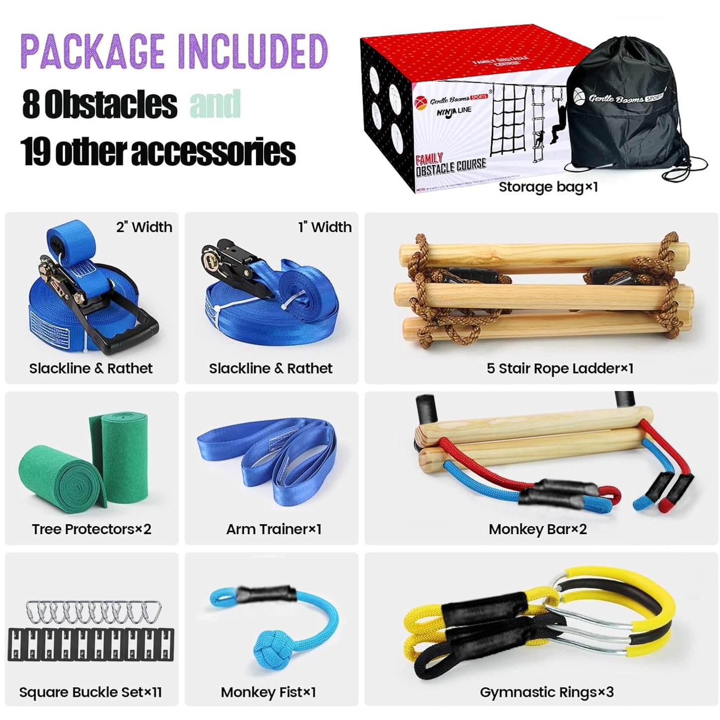 Ninja Warrior Obstacle Course for Kids,2×56ft Slackline Kit with 8 Ninja Accessories+Fast-Setup Buckles- Monkey Bar,Rope Ladder,Gymnastic Ring,Arm Trainer and Monkey Fist,Supports 880 lbs