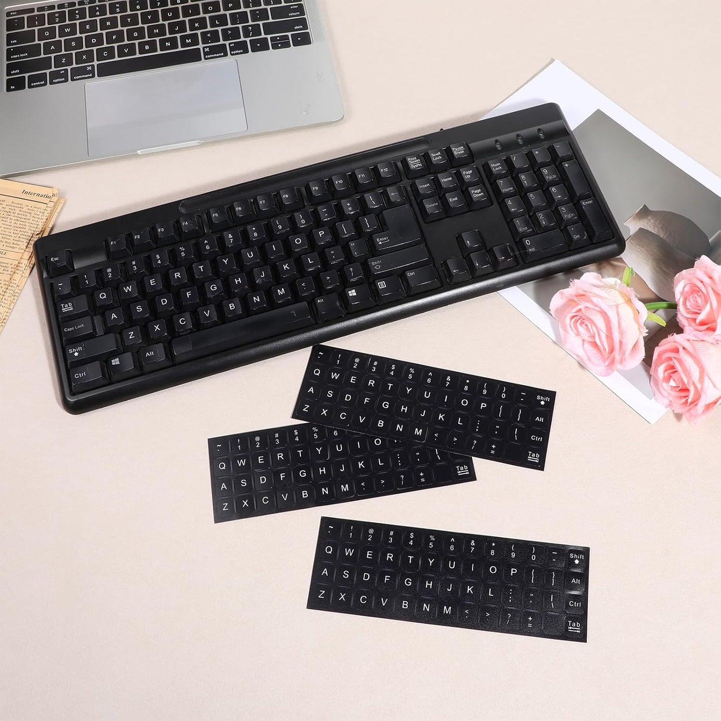 Larrel 4PCS Universal English Keyboard Stickers, Replacement English Keyboard Stickers with Black Background and White