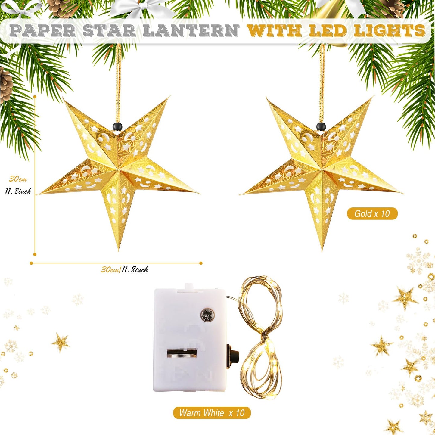 Zhanmai 3D Paper Star Lanterns with LED Lights, 11.8 Inch, Gold, 10 Pcs, Model Zhanmai-Lampshade-09, Christmas Hanging Decoration
