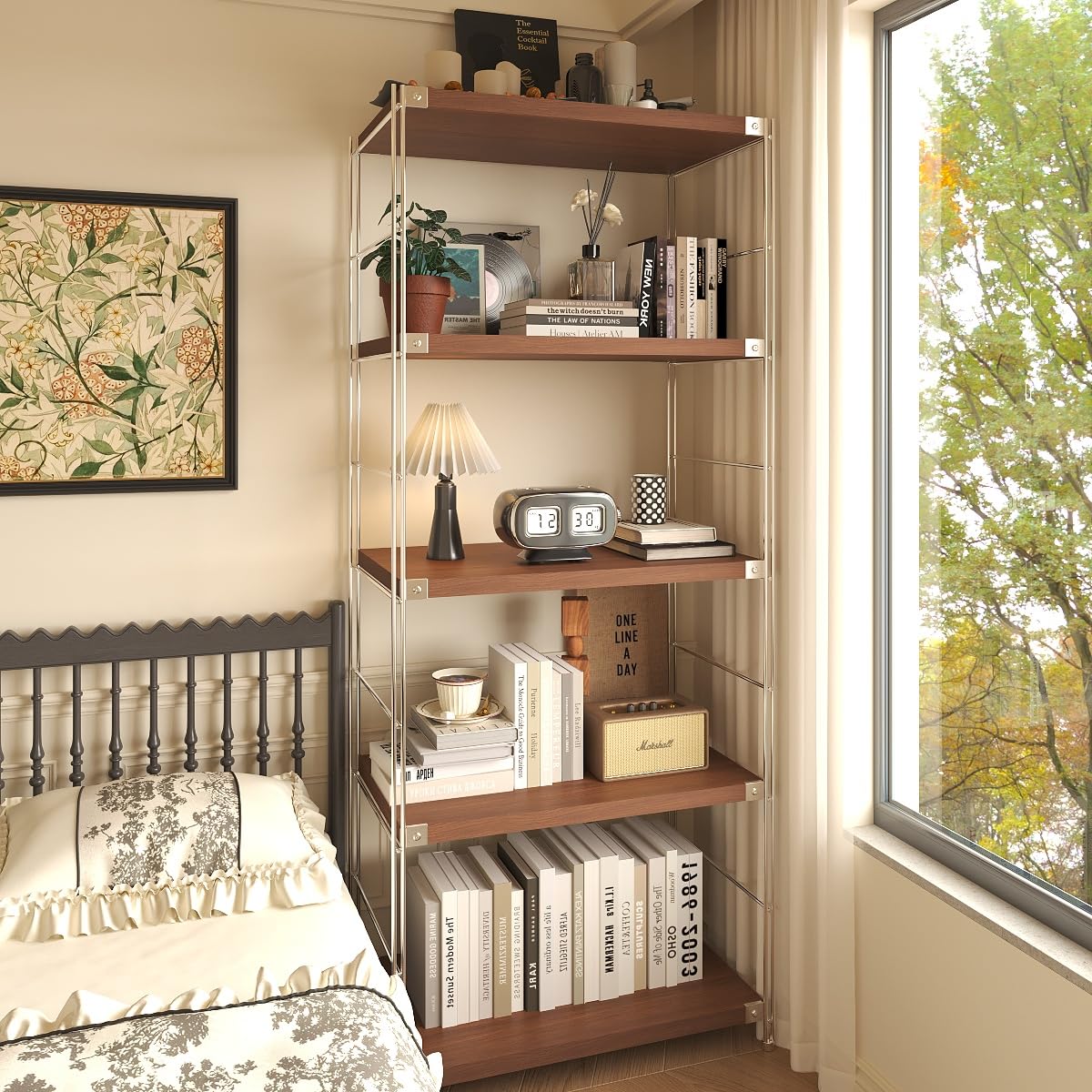Achene 5-Tier Industrial Bookshelf, Storage Bookcase for Living Room, Bedroom, Home Office, Study Room, and Kitchen, 15.75"x27.56"x66.93" Inches (Walnut, 5T28IN)