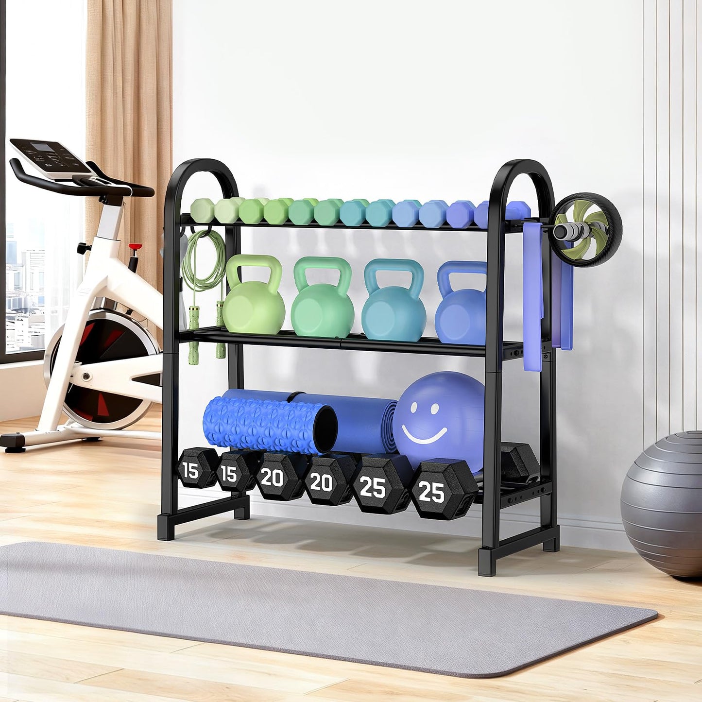 YaDonpe 3 Tier Dumbble Rack - 360LB Capacity Adjustable Dumbbell Storage Rack Space-Saving Home Gym Weight Rack For Dumbbells And Kettlebells With Hooks (Dumbbell Rack Stand Only)（Matte Black （29.96''Length））
