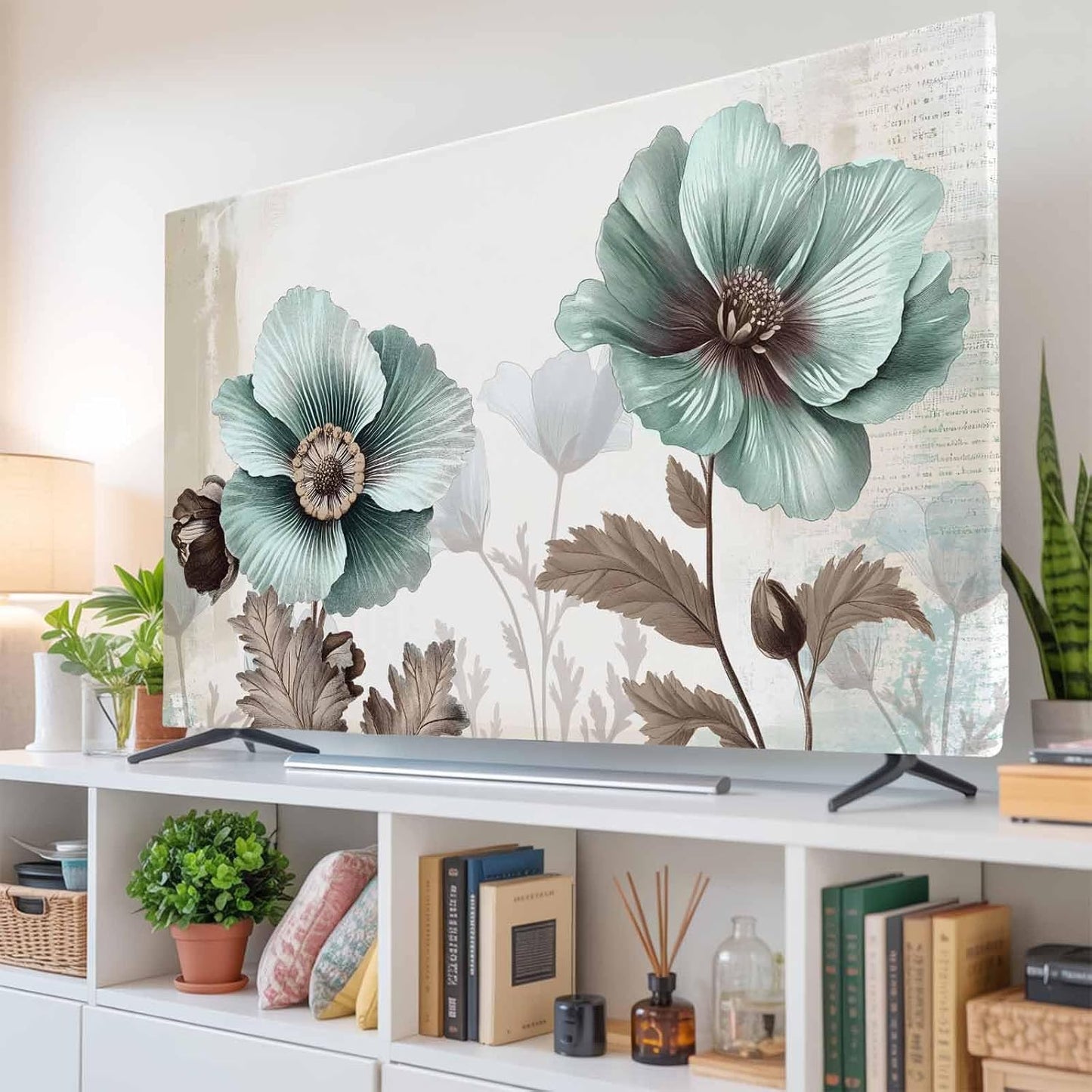 Yukro 85 Inch, 74"x42" Blue Broccoli Indoor TV Dust Cover, Vintage Victorian Style Flowers Elastic TV Dustproof Cover