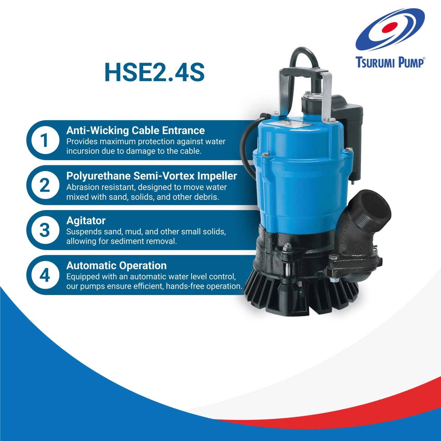 Tsurumi Pump HSE2.4S Submersible Trash Pump - Auto Relay Switch 1/2 HP 115V 2 in Discharge Dewatering Applications | 53 GPM / 3180 GPH