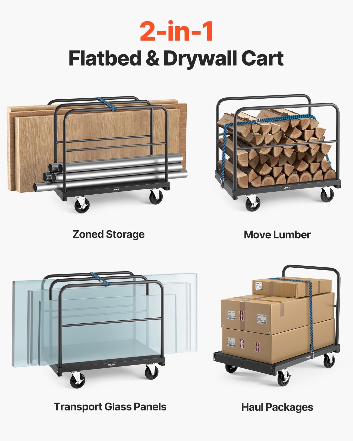 VEVOR Drywall Cart Dolly, 1800 lbs Load Capacity, 2-in-1 Steel Panel Truck Cart with 5 inch Swivel Casters, 36 x 24 inch Platform Truck with 4 Side Handrails for Factory, Warehouse, Garage, Black