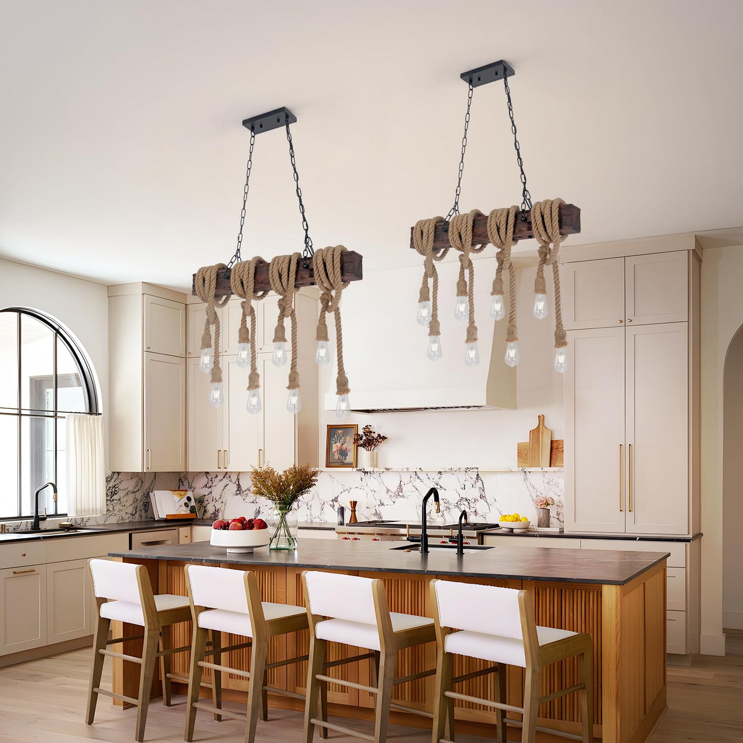 KEESFU Farmhouse Light Fixtures Rustic Chandelier，8-Light Kitchen Island Light Height Adjustable，Hemp Rope Pendant Light for Kitchen Dining Room Bar.