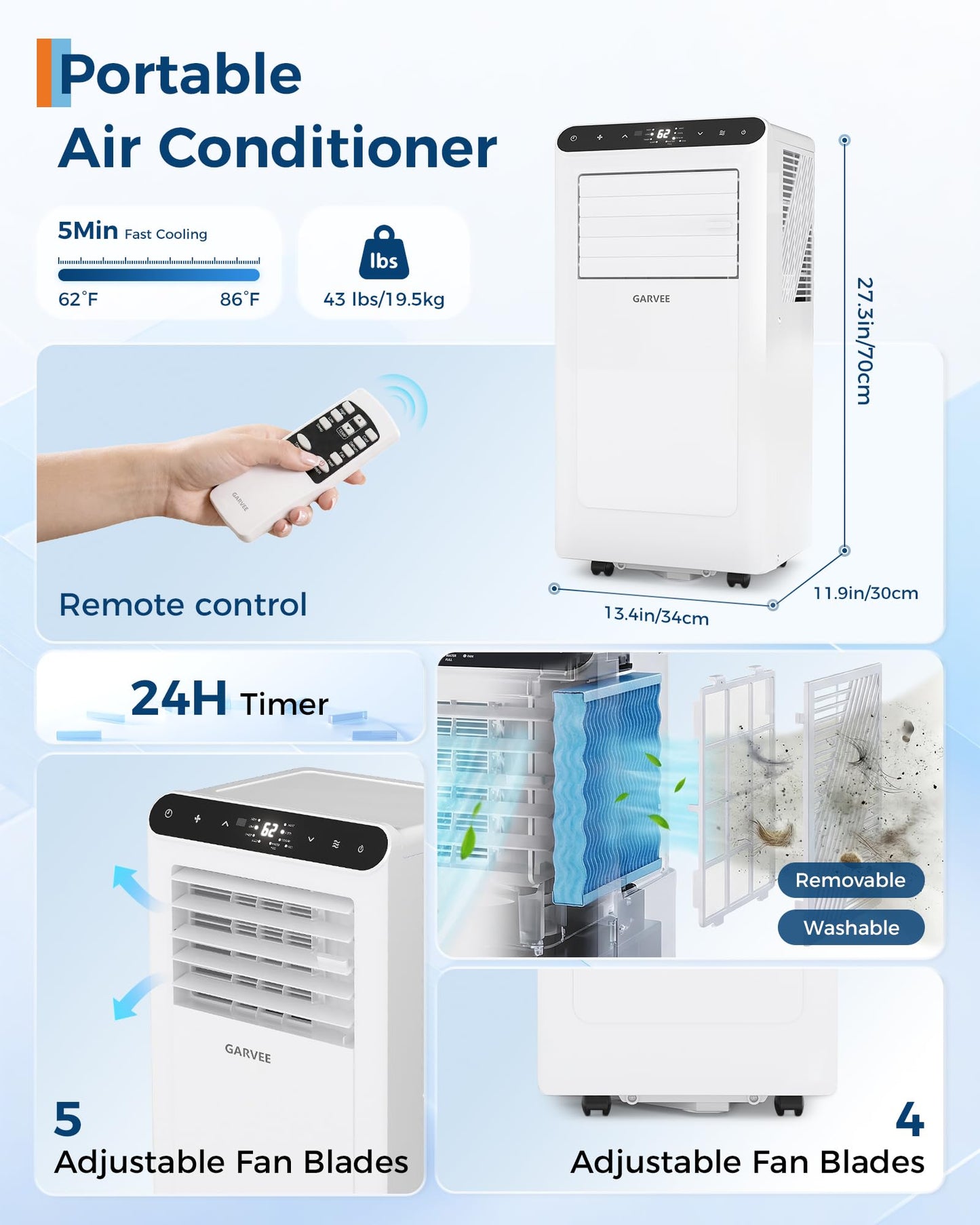 Garvee 8000 BTUs Portable Air Conditioner,Up to 350 Sq.Ft. Remote Control 48dB Portable AC Unit, Dehumidifier, Fan, Sleep, 24H Timer&Installation Kit, DOE Certified, Ceer 6.2,Grey+Black Panel