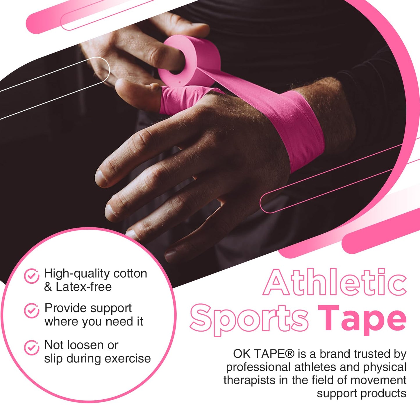OK TAPE Athletic Sports Tape（4 Packs) Pink- 32.8ft Per Roll Athletic Tape for Injuries,Strong Stick No Residue Athlete & Sport Trainers First Aid Injury Wrap, Hockey Stick