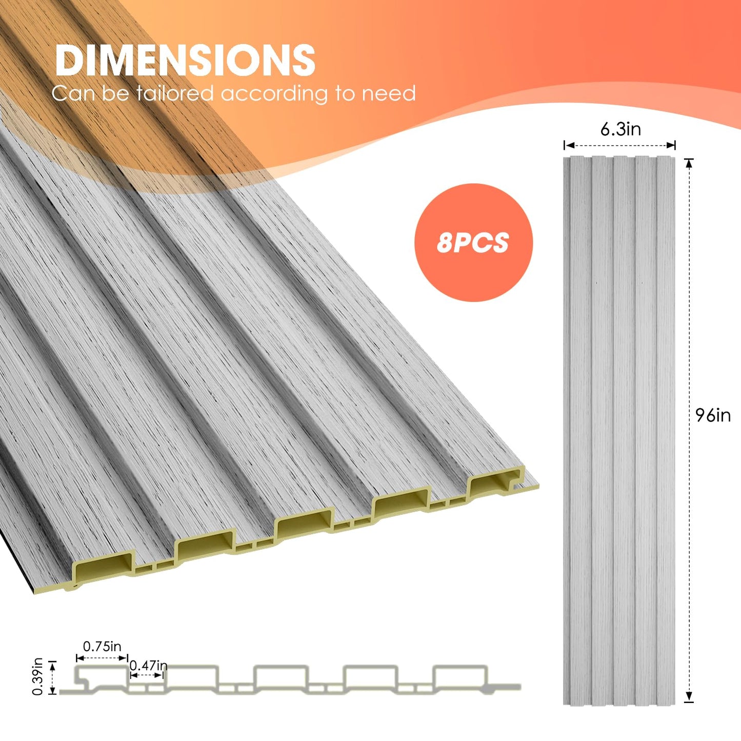 OUZUGIE WPC Acoustic Slat Wall Paneling, 8-Pack 96 x 6 Inches 3D Wall Panels for Interior Wall Decor,Living Room,TV Background,Study Room,Office Spaces,Bedroom,Low Grille (Grey)